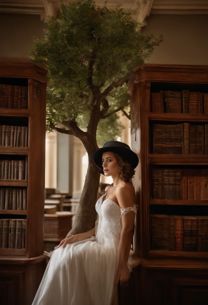 (Best quality:1.2, 8k resolution, high resolucion:1.2), (beau:1.4), chemise blanche, costume noir, chapeau noir,  cheveux blancs courts, visage mince, longue barbe, peau claire, tenue vestimentaire formelle, (tree in a library :1.4), tiens un livre, dimly lit, desert wasteland, Image HD 8k, Masterpiece:1.2, regard bleu percant, Sourire confiant, inspire,