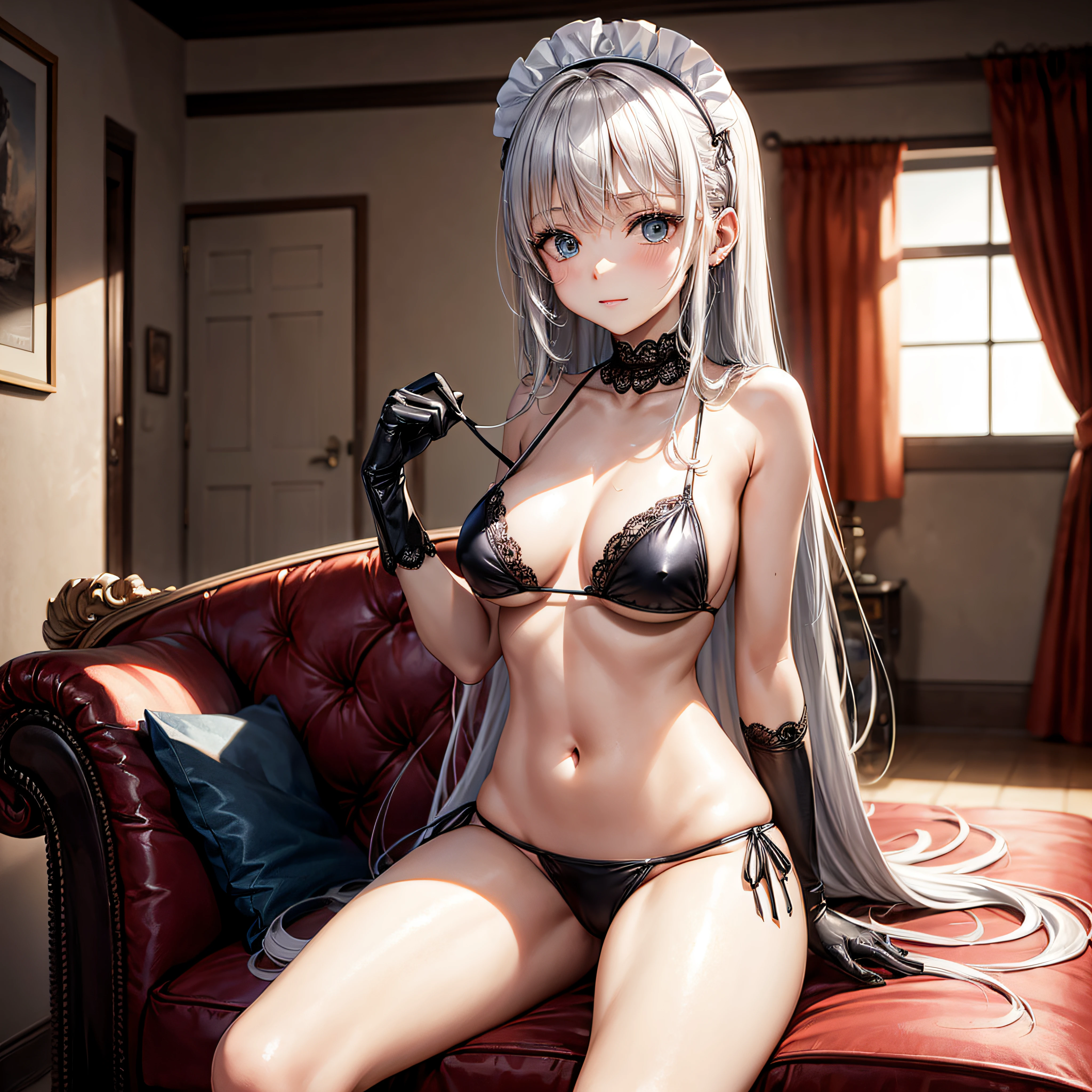 realisitic、top-quality、sit on sofa、((One Woman:1.5))、Silver hair、Long hair、inside in room、maid clothes、Black PVC Bikini、Open your clothes , Lace gloves、Medium chest