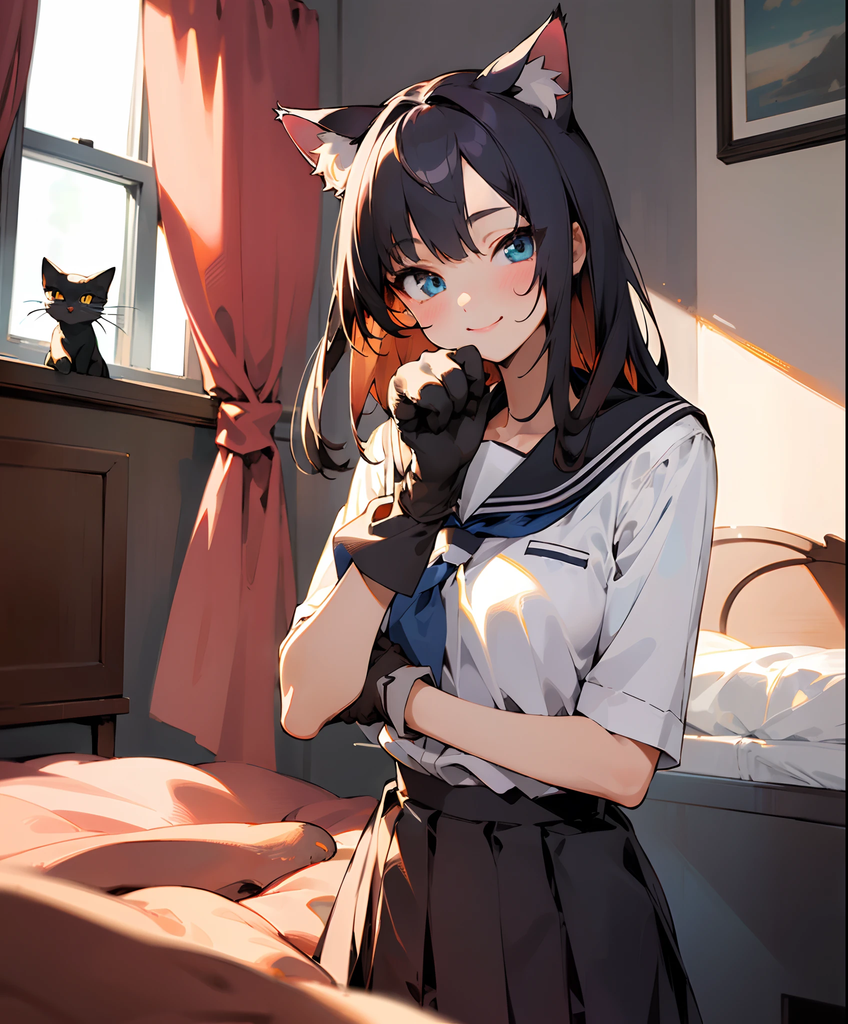 (masterpiece, best quality), 1 beautiful girl, cat ears, smile, slim body, (school uniform:1.1), (detailed beautiful eyes), paw gloves, bedroom, indoors,