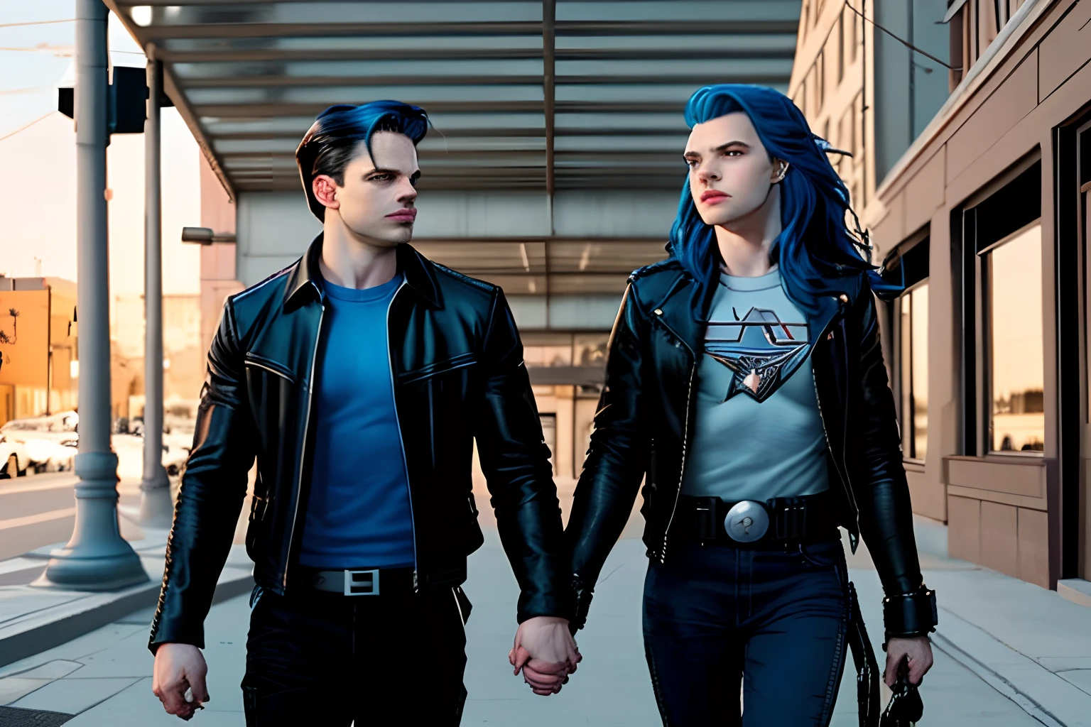 sebastian stan as bucky barnes in his 20s holding hands with a blue haired girl also in her 20s