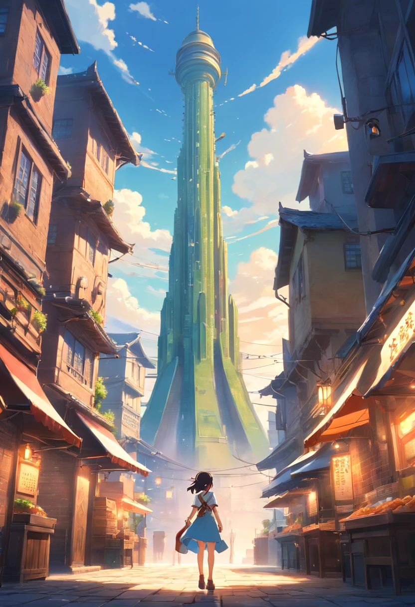 Tubular tower in fantasy word, tower dungeon, tower high up to the atmospheric sky, tower stands in the middle of the medieval city, (high contrast), (fantasy world era), A girl standing around the base of the tower, street food, (ray tracing, global illumination), (masterpiece:1.4), (vibrant:1.2), cinematic, intricate and highly detailed, (ultra-detailed CG unity 8K wallpaper)