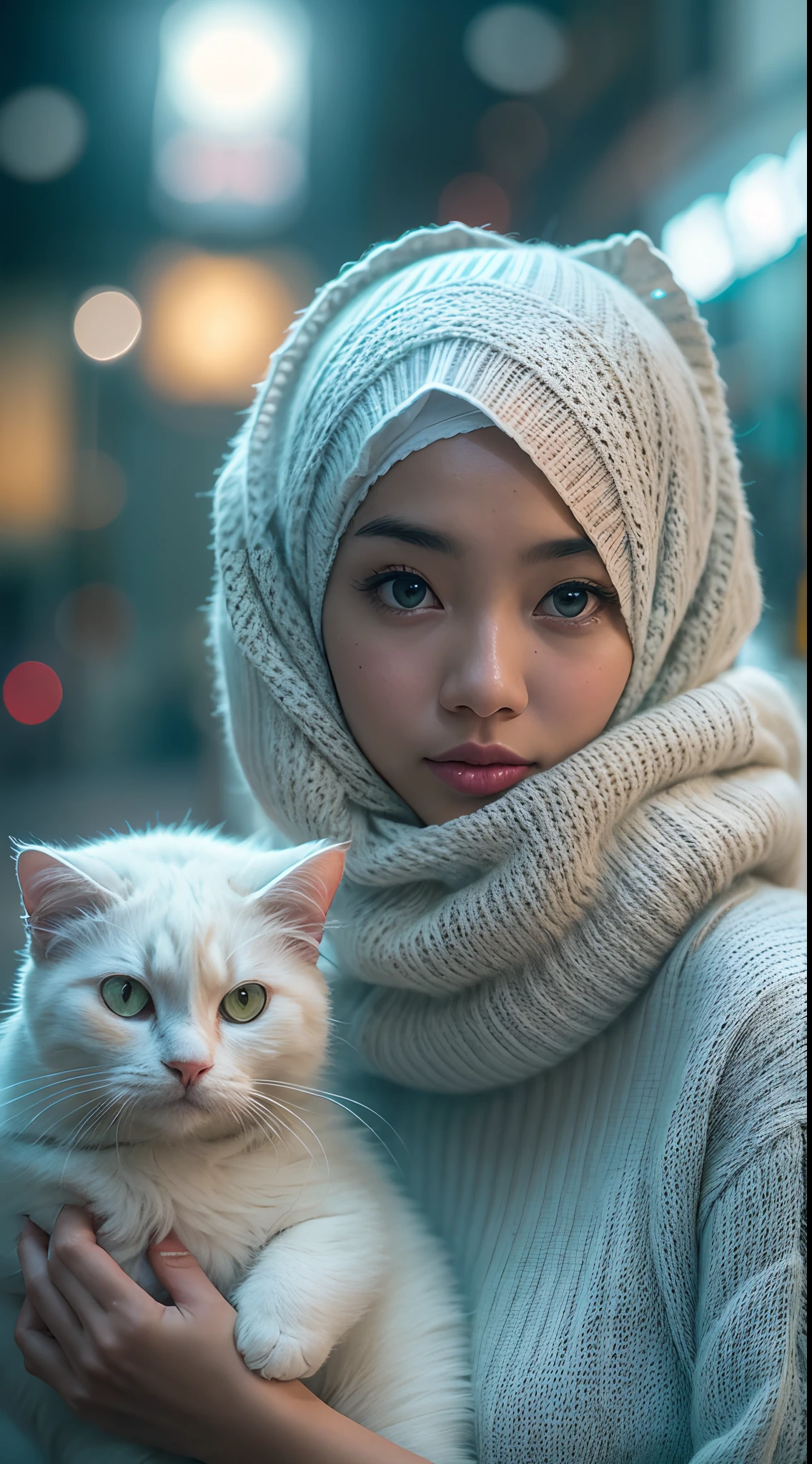 Malay girl drinking glass of milk wearing pastel blue big loose knitted sweater and cotton panties and long knitted sock, posing with her big white fluffy cat in night KL city street, wearing hijab, cute white cat by her side, pastel color hijab, petite body, cute, small waist, very small breast, wide hips, thick thigh, high quality, cool ambient, cinematic lighting, movie shot framing, cinematic angle, ultra detail, 8k