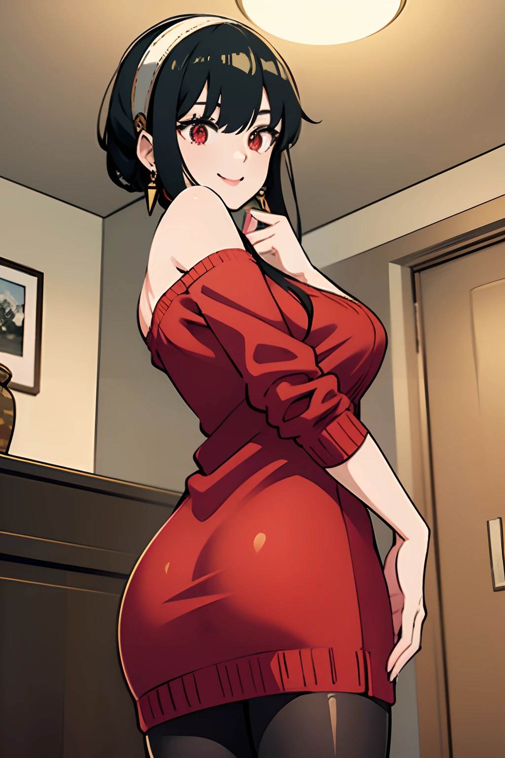 top-quality、masterpiece、hight resolution、1girl in、A slender、Bjorf、Black hair、short hair with long locks、white hairband、Red Eyes、Gold Earrings、Jewelry、off shoulders、Red Sweater、Black pantyhose、from the rear、huge smile、is standing、pov from down、frombelow、Own room