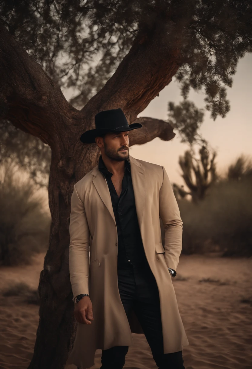 (Best quality:1.2, 8k resolution, high resolucion:1.2), (beau:1.4), veille homme, chemise blanche, costume noir, chapeau noir, cheveux blancs courts, visage mince, longue barbe blanche, peau claire, tenue vestimentaire formelle, (tree in a library :1.4), dimly lit, desert wasteland, Image HD 8k, Masterpiece:1.2, regard bleu percant, Sourire confiant, inspire,