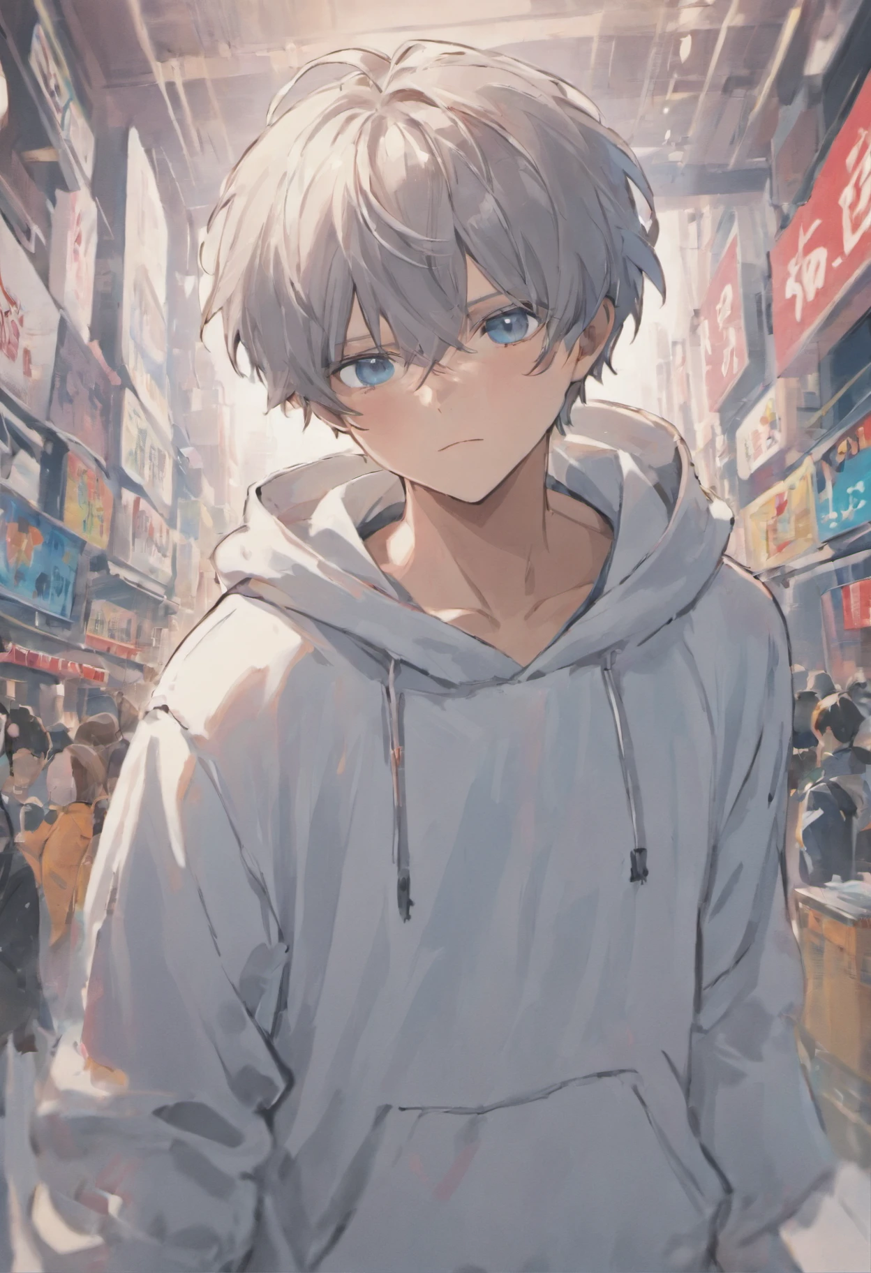 Gray-haired Japanese anime boy youth, VR glasses,, White hoodie, White shorts, No tattoos, No beard
