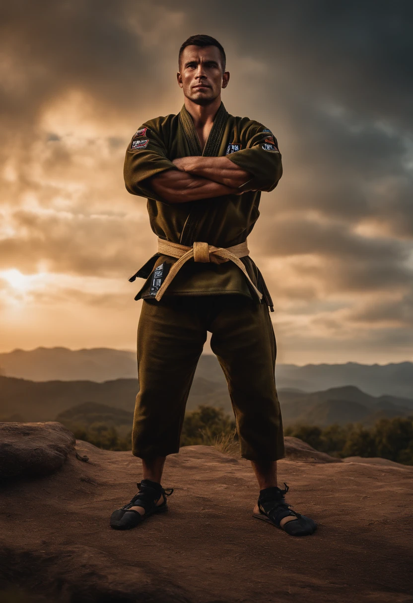 homem em frente a uma gigantesca montanha ao fundo, with arms crossed, Man in combat position, Quimono de jiu-jitsu, 8k, hyper realista, detalhado.