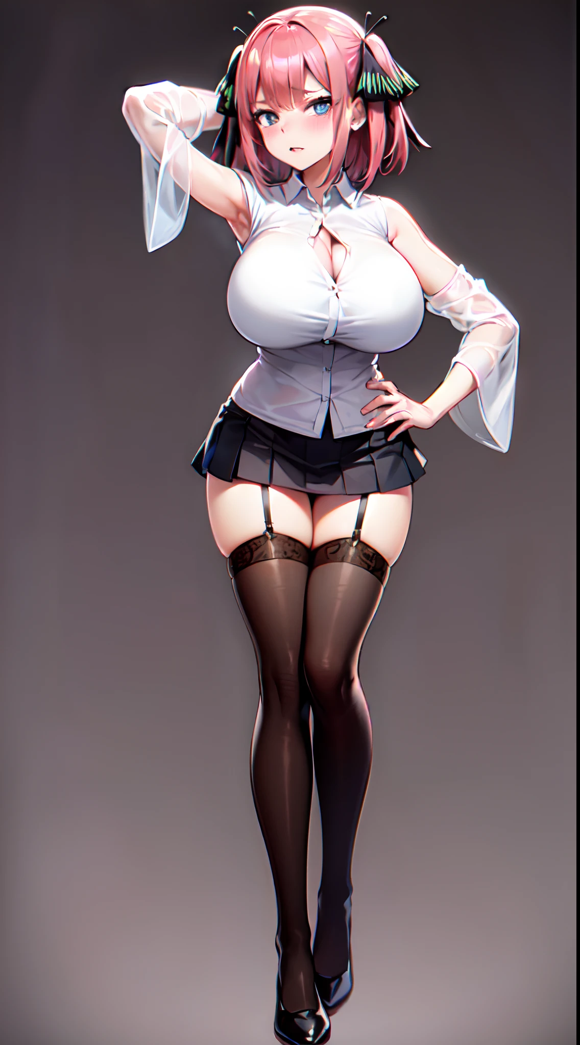 masterpiece, best quality, highres, Nakano nino, 1girl, solo, pink hair, short hair, busty, butterfly hair ornament, huge breasts, cleavage, Green short skirt, white Transparent shirt, collared shirt, Sleeveless shirt, open clothes, black stocking, Black lacy bra, short sleeves, skirt lift, upskirt, Black lacy underwear, looking at viewer, annoyed, blush, full body, standing, simple background, arms behind head, (((hard ))), (erotic pose:1.4)