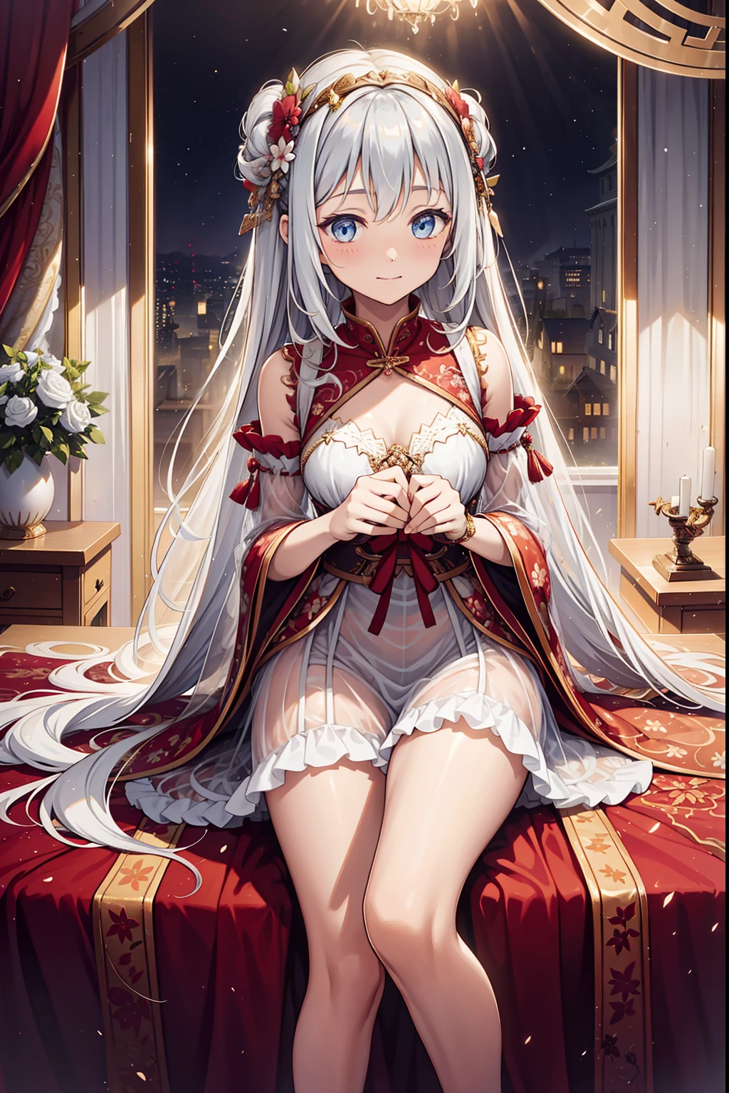 solo person,the night,inside in room,An expectant expression,Cute li liirl,See-through Pajamas,see-through sleeves,Enchanted,Petal edges,Light colors,downy,Divine decoration,Sacred motifs,Lace,Ruffles,extremely detailed CG 8k wallpaper,best qualtiy,tmasterpiece,A high resolution,Delicate and beautiful face,intricate detailed clothes