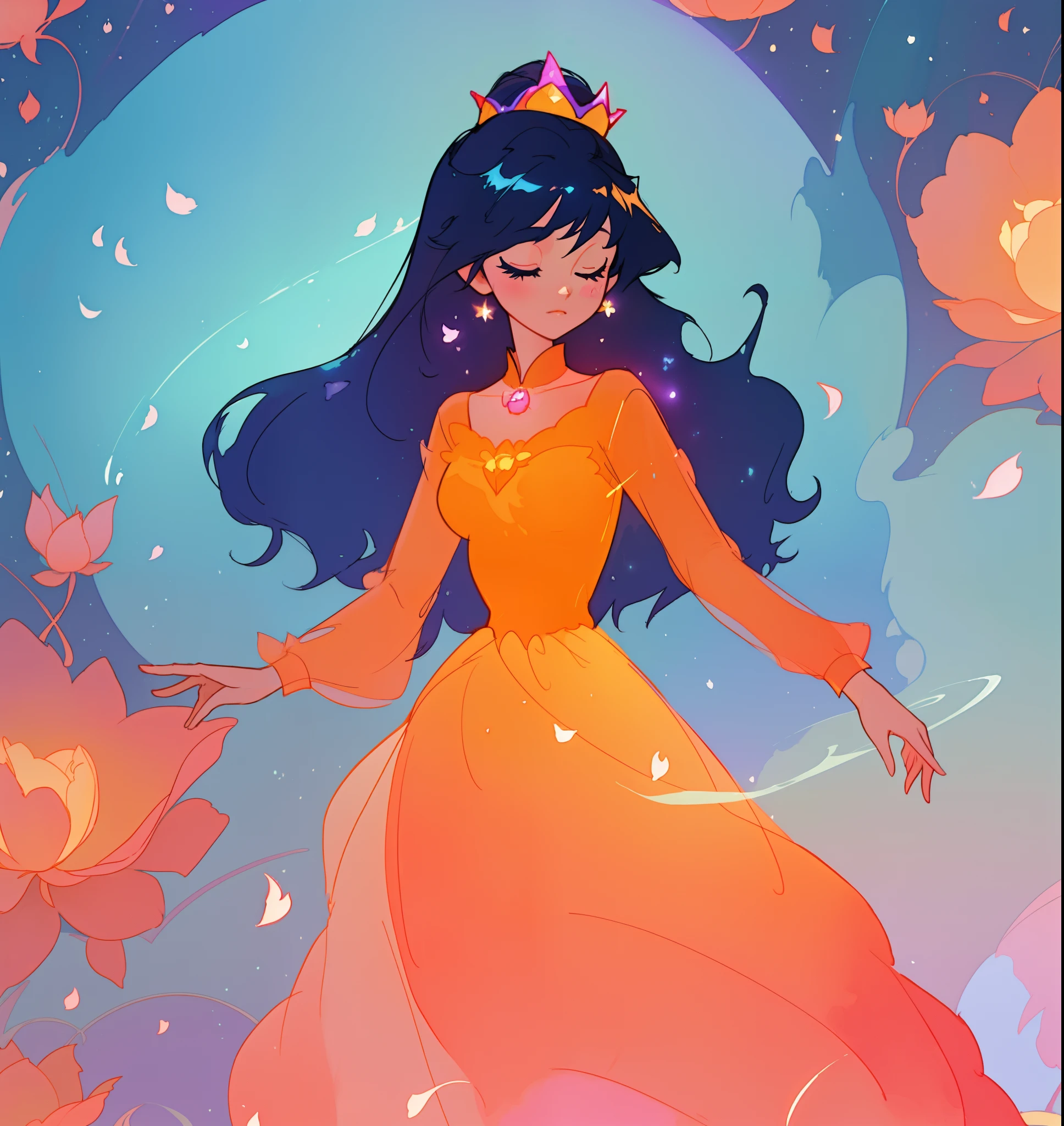 beautiful girl in puffy ballgown, princess, whimsical circular watercolor background, long dark hair, watercolor illustration, inspired by Glen Keane, inspired by Lois van Baarle, disney art style, by Lois van Baarle, glowing aura around her, by Glen Keane, jen bartel, glowing lights! digital painting, flowing glowing hair, glowing flowing hair, beautiful digital illustration, fantasia otherworldly landscape plants flowers, beautiful, masterpiece, best quality, anime disney style