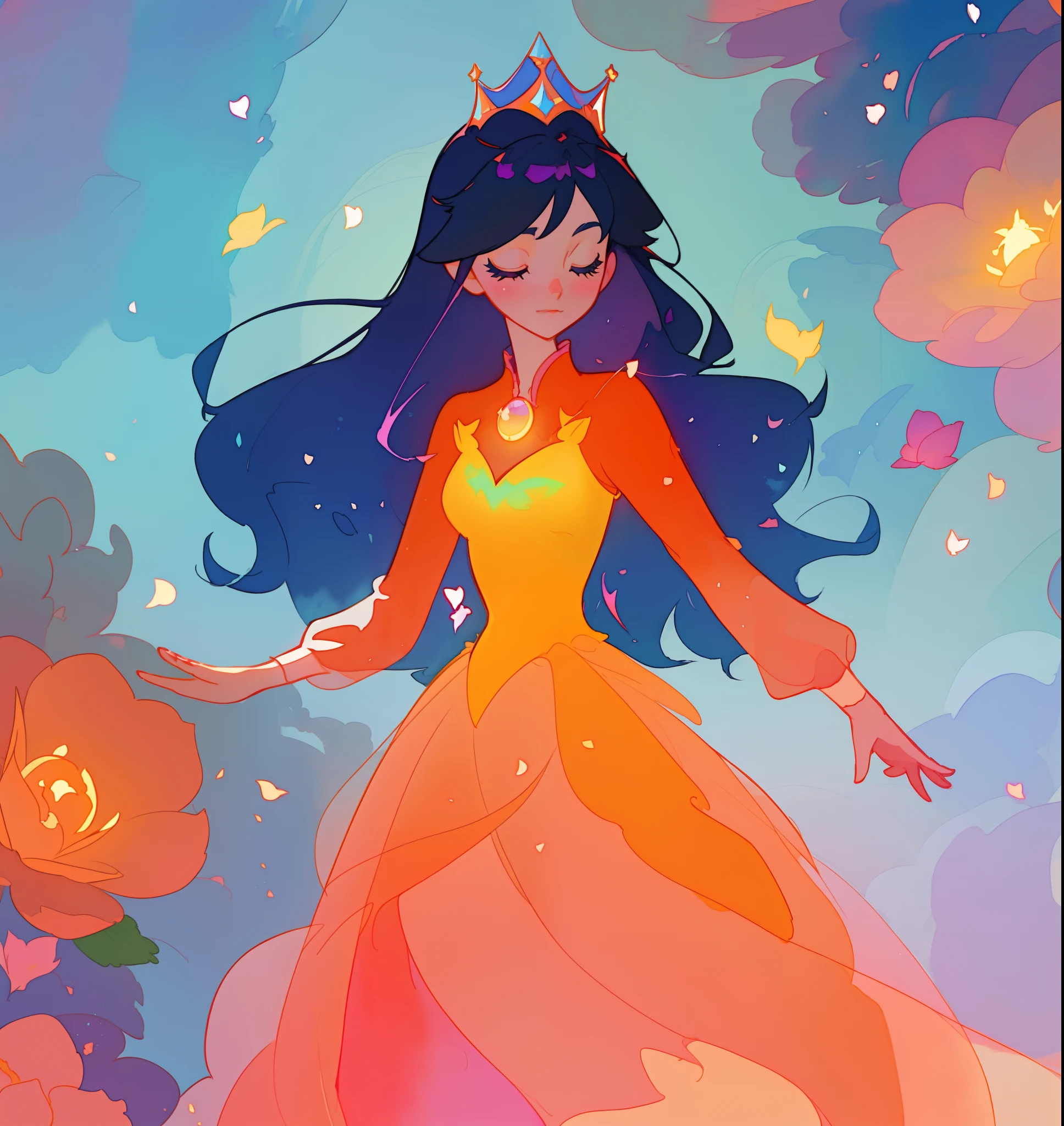 beautiful girl in puffy ballgown, princess, whimsical circular watercolor background, long dark hair, watercolor illustration, inspired by Glen Keane, inspired by Lois van Baarle, disney art style, by Lois van Baarle, glowing aura around her, by Glen Keane, jen bartel, glowing lights! digital painting, flowing glowing hair, glowing flowing hair, beautiful digital illustration, fantasia otherworldly landscape plants flowers, beautiful, masterpiece, best quality, anime disney style
