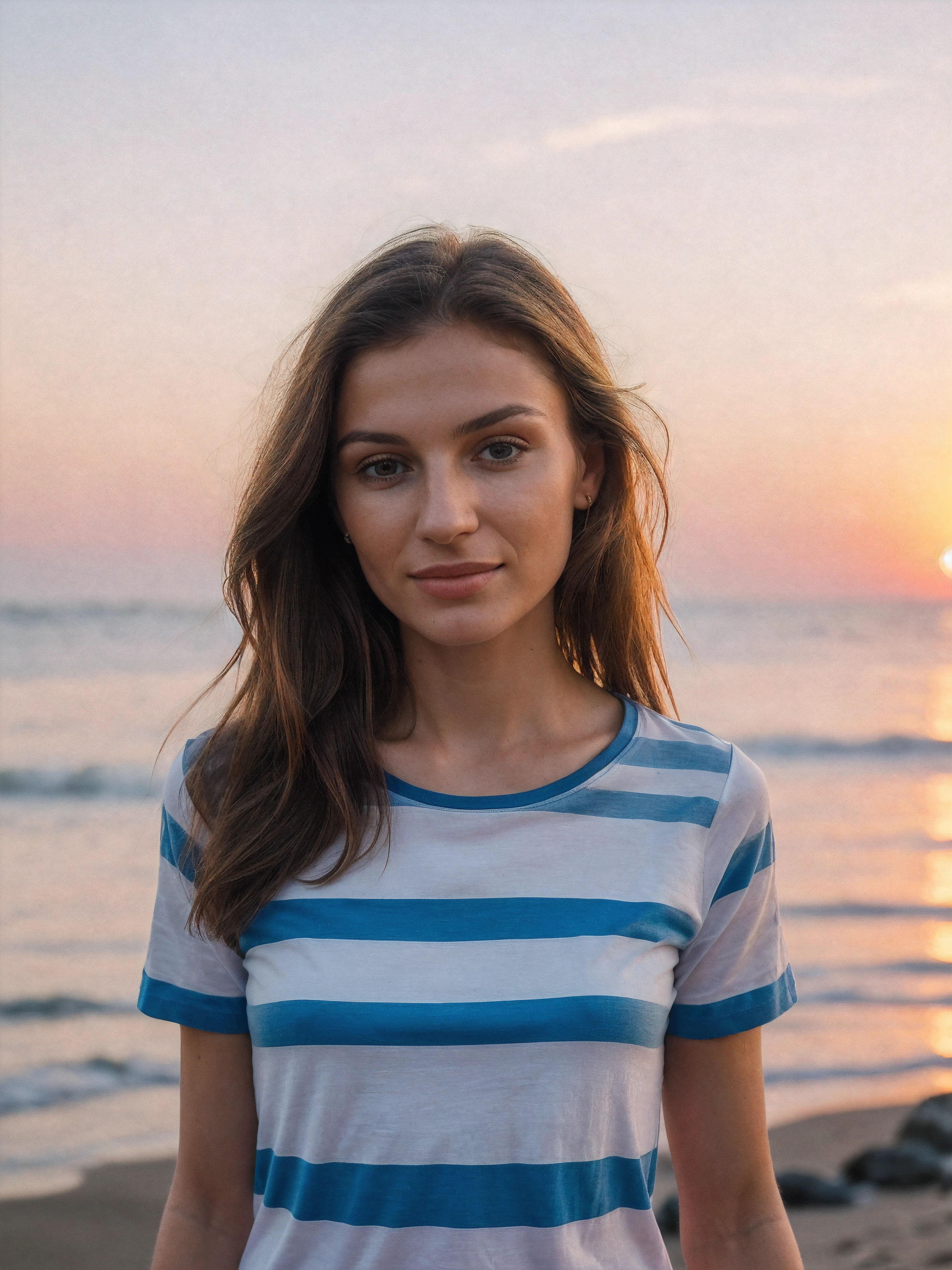 photo of S177_AnastasiaBezrukova,a gorgeous woman,on the (shore:1.1),wearing a (striped t-shirt:1.1),(sunset),(8k, RAW photo, best quality, depth of field, ultra high res:1.2),(absurdres, intricate, photorealistic, masterpiece, ultra-detailed:1.3),