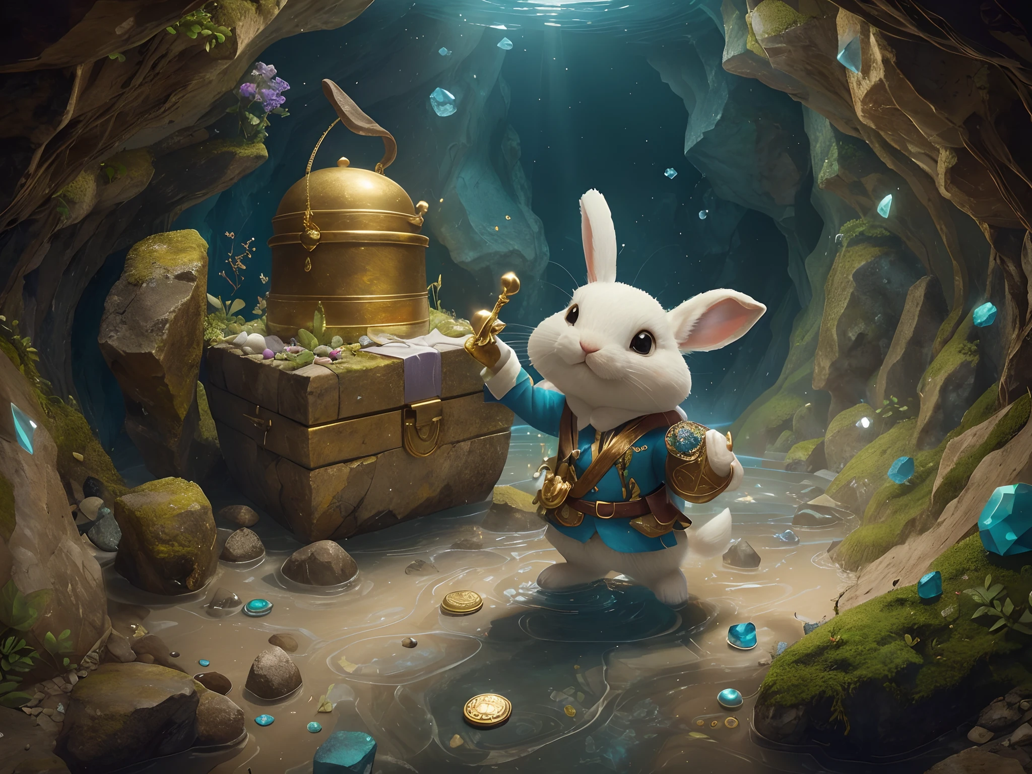 ((tmasterpiece)),((best qualtiy)),((The is very detailed:1.3)),(When a cute little bunny wearing an adventure mountain climbing outfit steps into a dark cave, A faint ray of sunlight shines through the slit in the suit, Wear a special explorer suit. This suit also has small pockets, Can carry necessary tools and food, Wearing a wide-brimmed straw hat, Tie a bright silk scarf on it, Embroidered gold adventure badge, It symbolizes courage and adventurous spirit, Look at the map in your hand: 1.5),The cave is filled with an ancient atmosphere,The walls are covered with sparkling crystals,Go deep into the cave, The little rabbit discovers a hidden passage,The walls of the passage are inlaid with pearls of strange shapes,radiating a soft,Walk cautiously through the passage,The faint sound of running water was heard,Stunning underground waterfalls。 Waterfalls rush down from the towering rock faces,A pool of crystal clear water is formed。The pool shimmered blue,There seems to be an endless treasure hidden,Explore an island made up of pearls and gemstones in the water, There is an elaborate treasure chest on the island,Set with sparkling diamonds。The little rabbit carefully opens the treasure chest,Found filled with glittering gems and gold coins。 (Cinematic lighting, first person perspective, angle of view, in a panoramic view, Ultra-wide angle, hyper HD, Anatomically correct, Masterpiece, ccurate, Award-Awarded, Best quality)