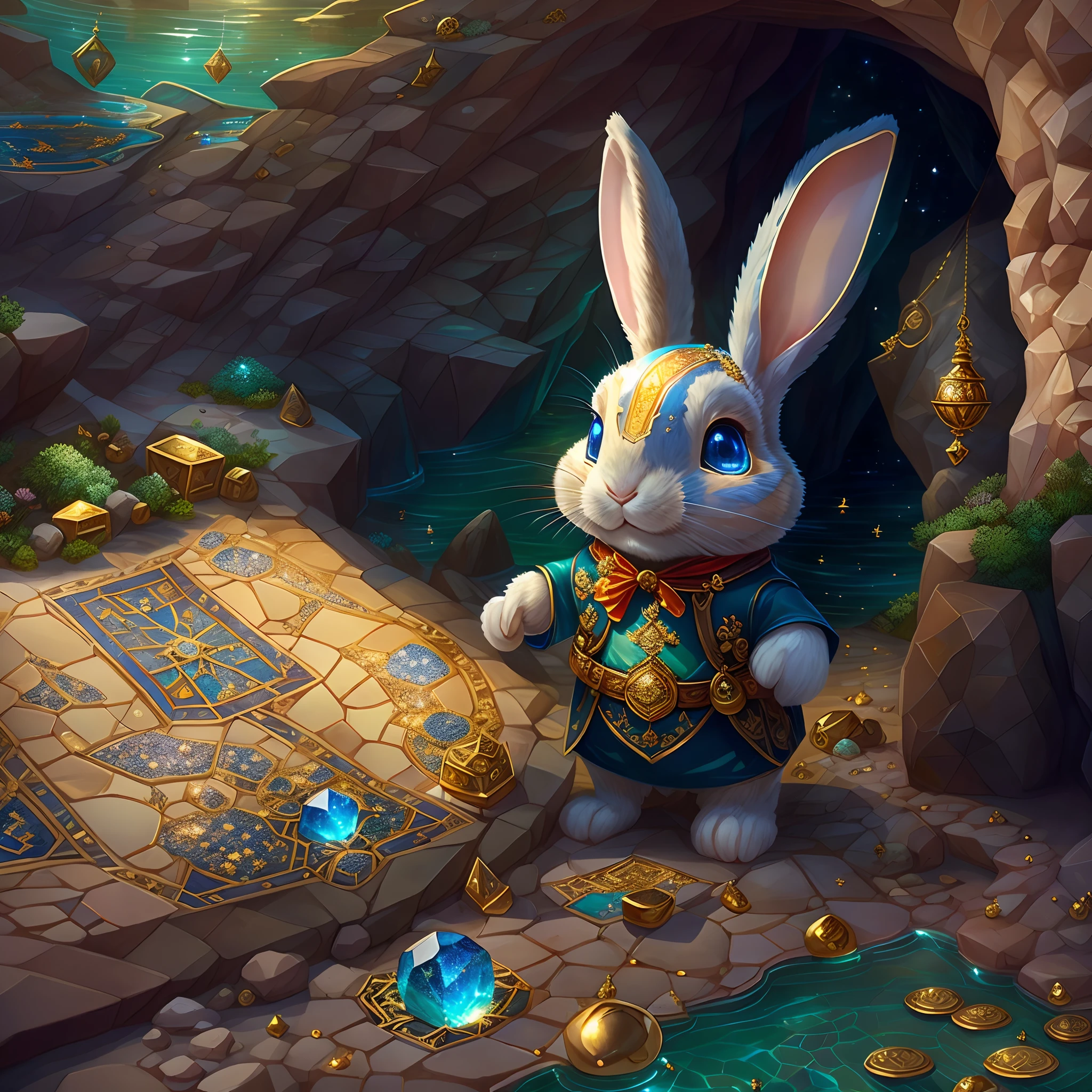 ((tmasterpiece))，((best qualtiy))，((The is very detailed：1.3))，(When a cute little rabbit steps into a dark cave，A faint ray of sunlight shone through the gap in the suit，Wear a specially made explorer's outfit. The outfit also has small pockets，Necessary tools and food can be carried, Wears a wide-brimmed straw hat，A bright silk scarf is tied on it，Embroidered with a gold expedition badge，It symbolizes courage and adventurous spirit，Look at the map in your hand: 1.5)，The interior of the cave is full of ancient atmosphere，The walls are covered with sparkling crystals，Going deeper into the burrow, the little rabbit discovers a hidden passage，The walls of the passage are inlaid with pearls of strange shapes，radiating a soft，Walk cautiously through the passage，The faint sound of running water was heard，Stunning underground waterfalls。 Waterfalls rush down from the towering rock faces，A pool of crystal clear water is formed。The pool shimmered blue，There seems to be an endless treasure hidden，Explore the island made up of pearls and gemstones in the water， There is an elaborate treasure chest on the island，Set with sparkling diamonds。The little rabbit carefully opens the treasure chest，Found filled with glittering gems and gold coins。 (Cinematic lighting, first person perspective, angle of view, in a panoramic view, Ultra-wide angle, hyper HD, Anatomically correct, Masterpiece, ccurate, Award-Awarded, Best quality)
