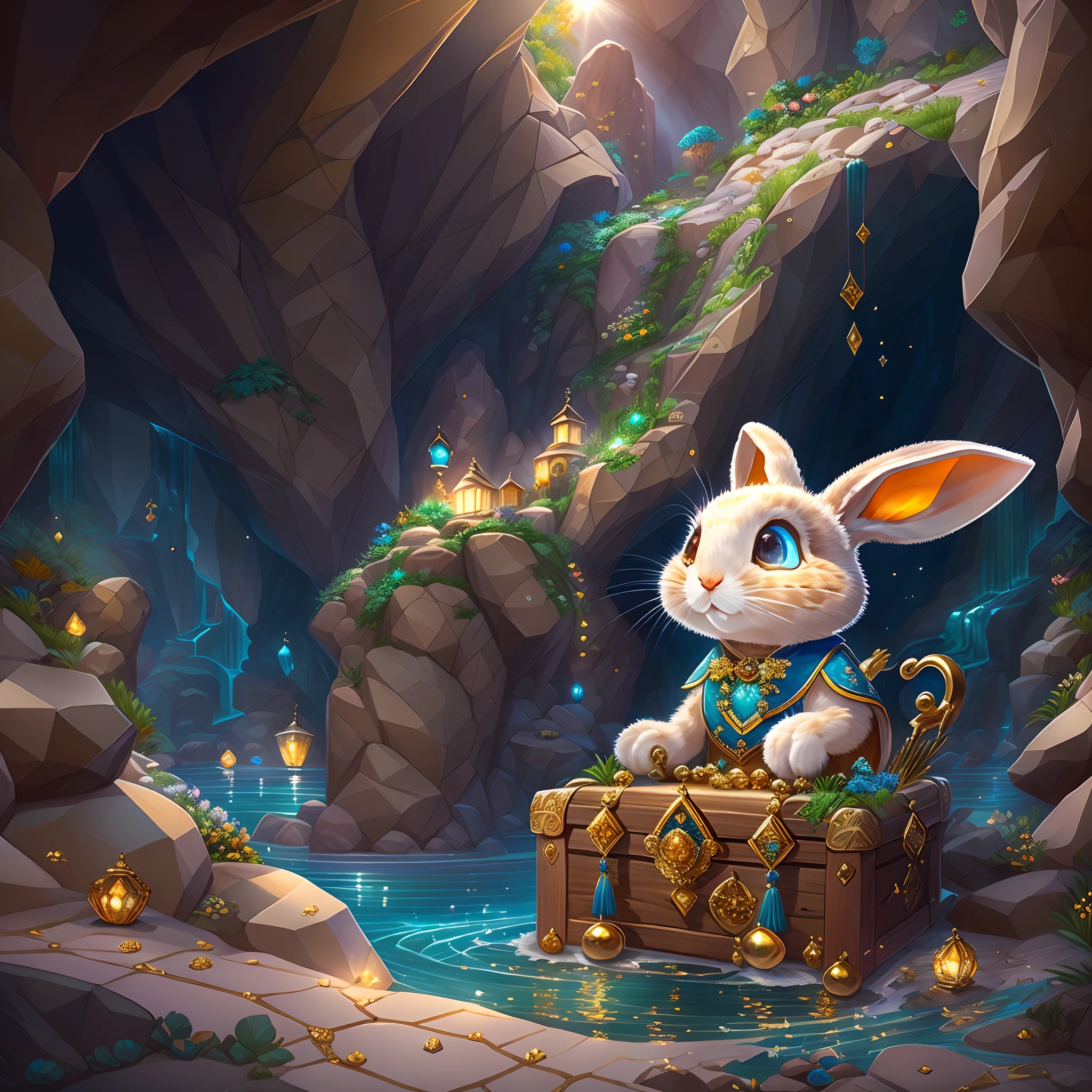 ((tmasterpiece))，((best qualtiy))，((The is very detailed：1.3))，(When a cute little rabbit steps into a dark cave，A faint ray of sunlight shone through the gap in the suit，Wear a specially made explorer's outfit. The outfit also has small pockets，Necessary tools and food can be carried, Wears a wide-brimmed straw hat，A bright silk scarf is tied on it，Embroidered with a gold expedition badge，It symbolizes courage and adventurous spirit，Look at the map in your hand: 1.5)，The interior of the cave is full of ancient atmosphere，The walls are covered with sparkling crystals，Going deeper into the burrow, the little rabbit discovers a hidden passage，The walls of the passage are inlaid with pearls of strange shapes，radiating a soft，Walk cautiously through the passage，The faint sound of running water was heard，Stunning underground waterfalls。 Waterfalls rush down from the towering rock faces，A pool of crystal clear water is formed。The pool shimmered blue，There seems to be an endless treasure hidden，Explore the island made up of pearls and gemstones in the water， There is an elaborate treasure chest on the island，Set with sparkling diamonds。The little rabbit carefully opens the treasure chest，Found filled with glittering gems and gold coins。 (Cinematic lighting, first person perspective, angle of view, in a panoramic view, Ultra-wide angle, hyper HD, Anatomically correct, Masterpiece, ccurate, Award-Awarded, Best quality)