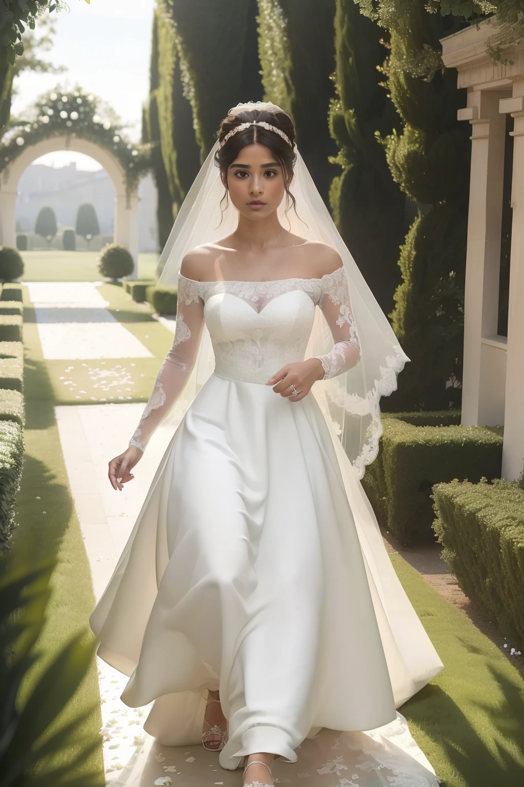 year: 2023. Location: Madrid. Pre-Raphaelite scene with a 32-year-old Diane Guerrero, runaway bride, ((escaping)), ((running fast)), villa's garden, ((((wedding dress from the 2020s)))) ((Hairstyle of the 2020s, low bun)), ((("OMITB" cinematography)))