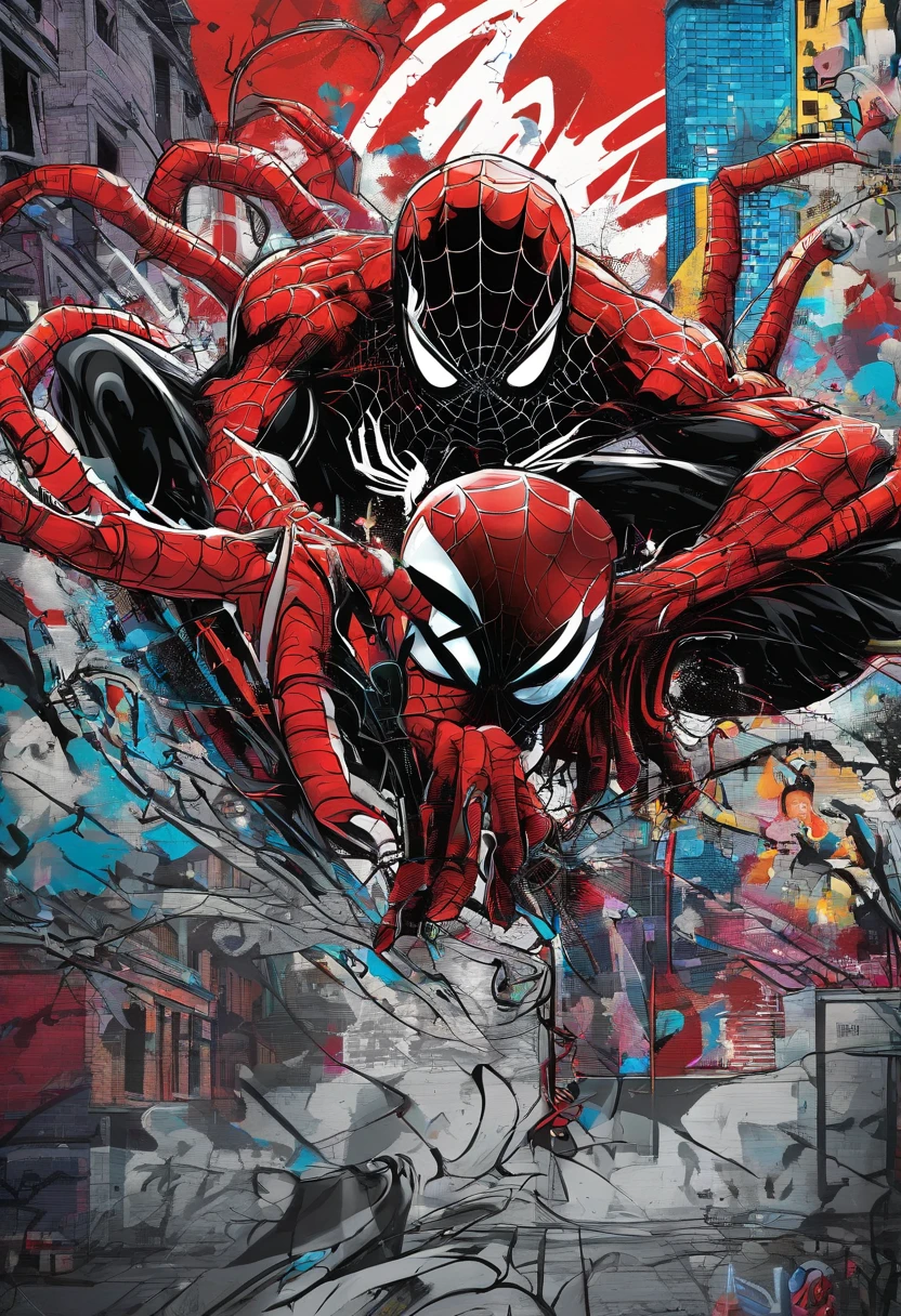 Prompt: Graffiti, spider-man, The whole picture, hight resolution、highly contrast，Venom，Cool，Carnage