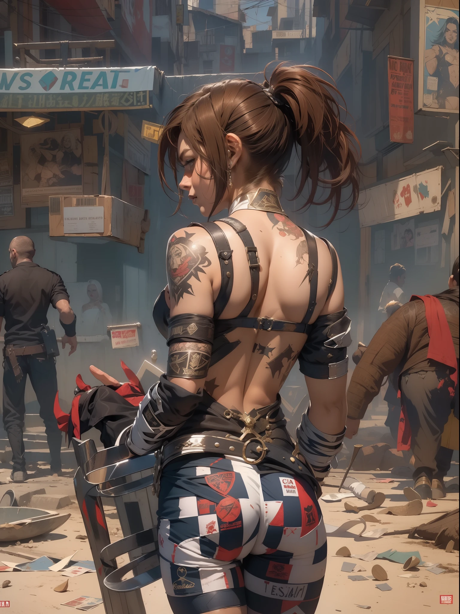 (((mulher))), (((melhor qualidade))), (((obra prima))), (((adulto))), (((1girl))), ((( de costas ))), ((( corte de cabelo bob ))), Uma gladiadora cyberpunk mulher de 25 anos com corpo perfeito, ((( Back view ))), ((( butt ))), shoulder pads with metal spines, Gladiadores do Brooklyn, (( corte de cabelo bob )), tiny leather panties, camiseta de time de rugby rasgada, quase nua no estilo selvagem urbano de Simon Bisley para a capa da revista Heavy Metal, Cabelo loiro curto, Minimum clothing, Metal protection on the left arm with intricate graphics, Dark red with white stars and white and navy blue checkerboard pattern, armadura, cheio de pontas e rebites, (((do joelho pra cima))), cabelos loiro branco curto, no fundo uma parede pintada por Shepard Fairey com um design intrincado