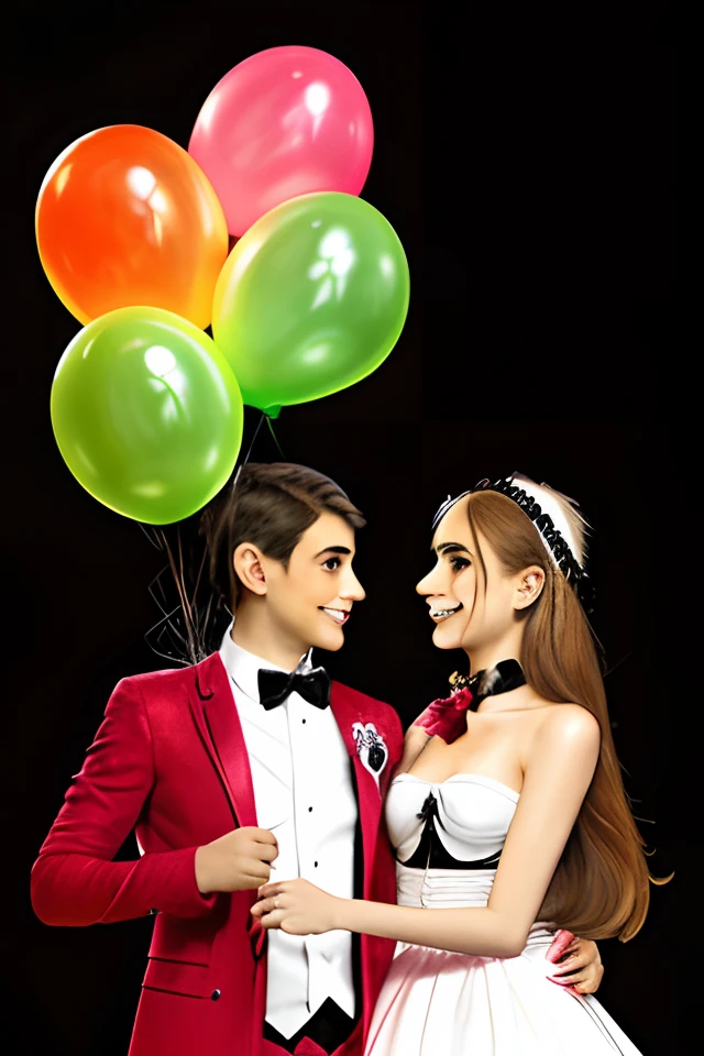 twin couple, Halloween, assustador, holding balloons