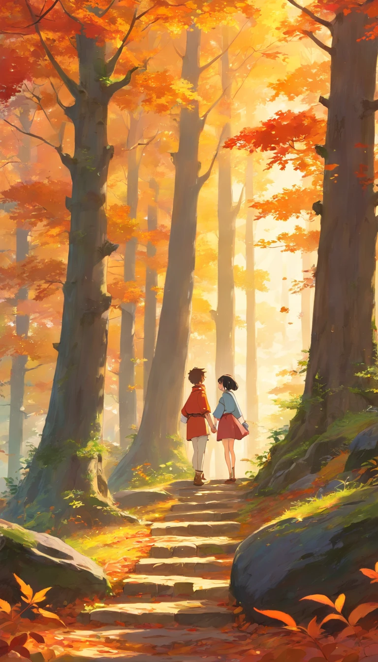 Best quality,Ultra-detailed,Realistic,landscape,Autumn,Beautiful warm colors,Sunlight shines through the trees,vibrant foliage,Tranquil atmosphere,Fresh air,subtle mist,Fallen leaves cover the earth,The sun peeps through the canopy,Dappled light,Quiet silence,Sturdy trunk,Majestic branches stretch out to the sky,Cascading leaves float gently in the air,Delicate autumn leaves dance in the wind,Rich bark texture,Lovely orange tones,Red,and yellow,Colorful foliage covers the forest floor,Leaves rustle and whisper,Mossy rocks and fallen logs,Golden hour lighting,a peaceful and serene atmosphere. with a young couple