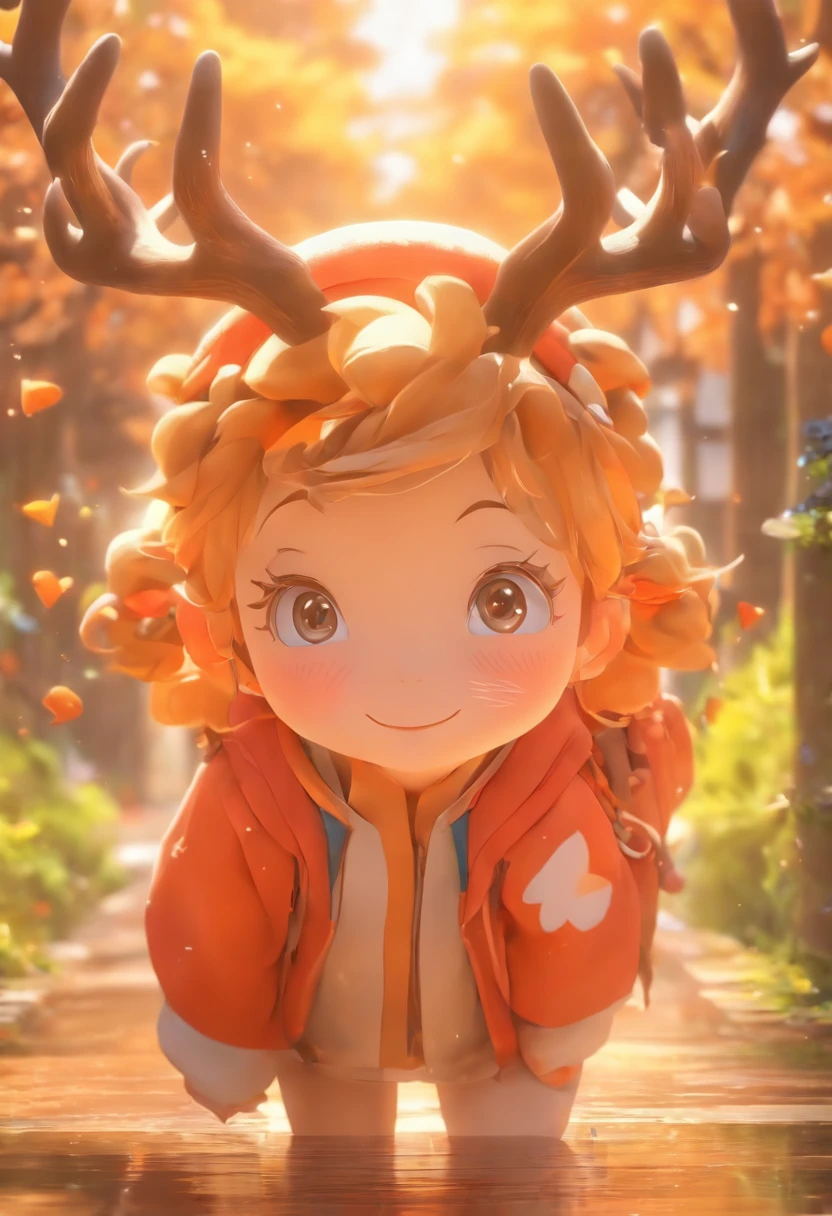 Q version of the cute -year girl image,Wear antlers on the head,The eyes are bright and clear,Carrying a bag in the shape of a tea leaf,Realistic proportions, Post-processing, ((Orthogonal perspective)), Super detail, Realistic, Super realistic, photoreal render,Glossy and delicate,Clean background, 3D rendering of,adolable
