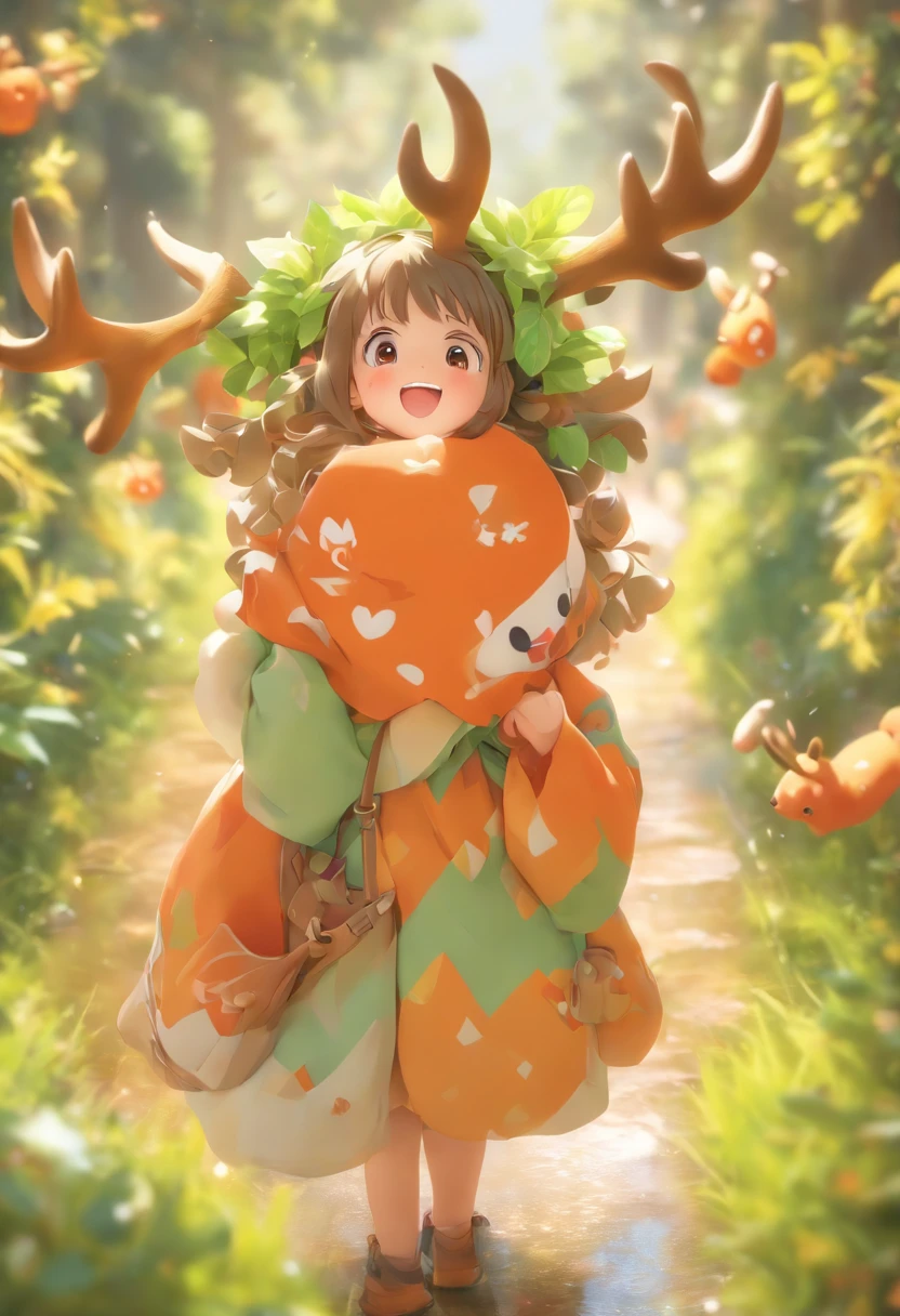 Q version of the cute five-year-old girl，IP image，Wear antlers on the head，The eyes are bright and clear，Carrying a bag in the shape of a tea leaf，Realistic proportions, Post-processing, ((Orthogonal perspective)), Super detail, Realistic, Super realistic, photoreal render,Glossy and delicate,Clean background, 3D rendering of,adolable