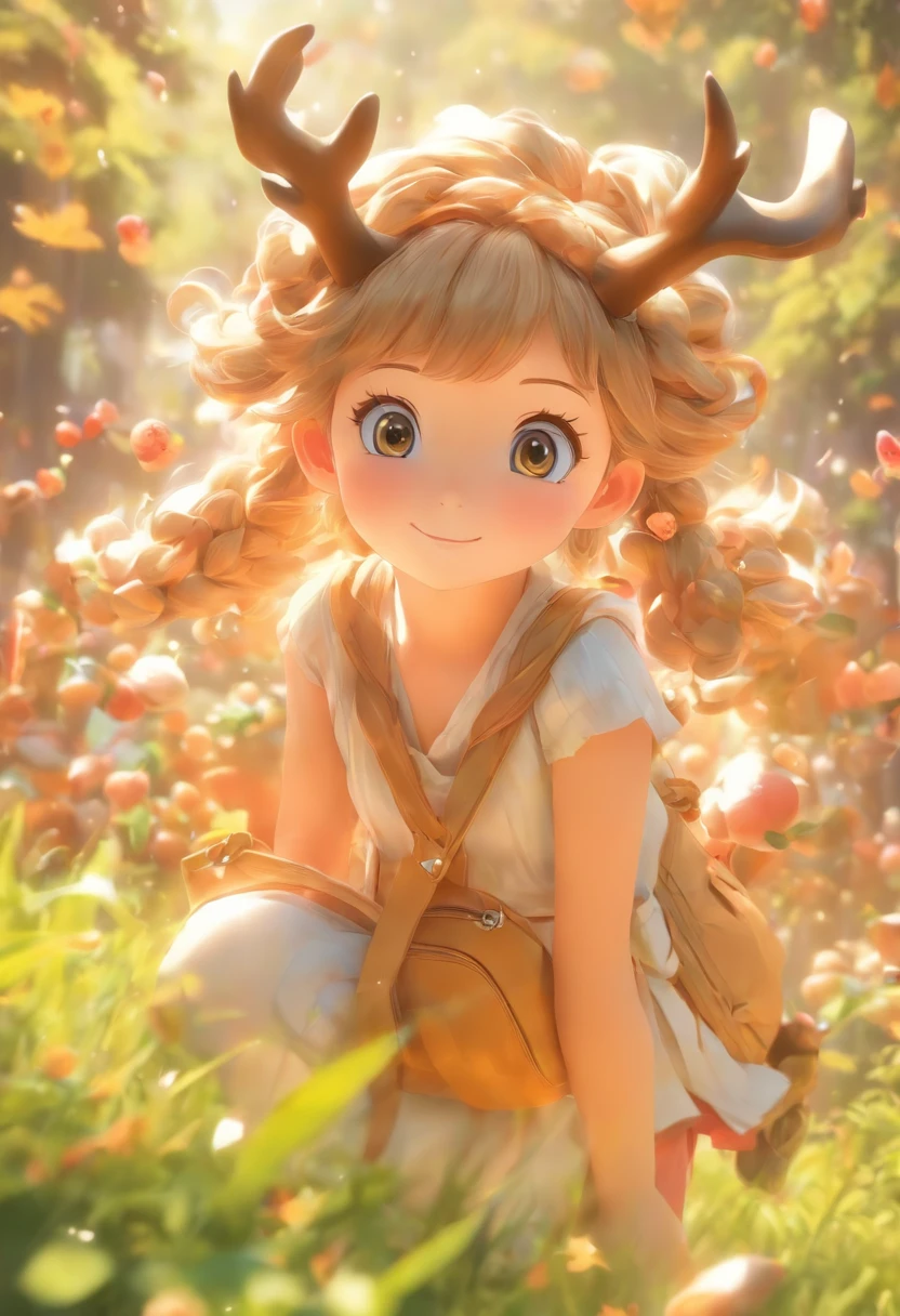 Q version of the cute five-year-old girl,IP image,Wear antlers on the head,The eyes are bright and clear,Carrying a bag in the shape of a tea leaf,Realistic proportions, Post-processing, ((Orthogonal perspective)), Super detail, Realistic, Super realistic, photoreal render,Glossy and delicate,Clean background, 3D rendering of,adolable