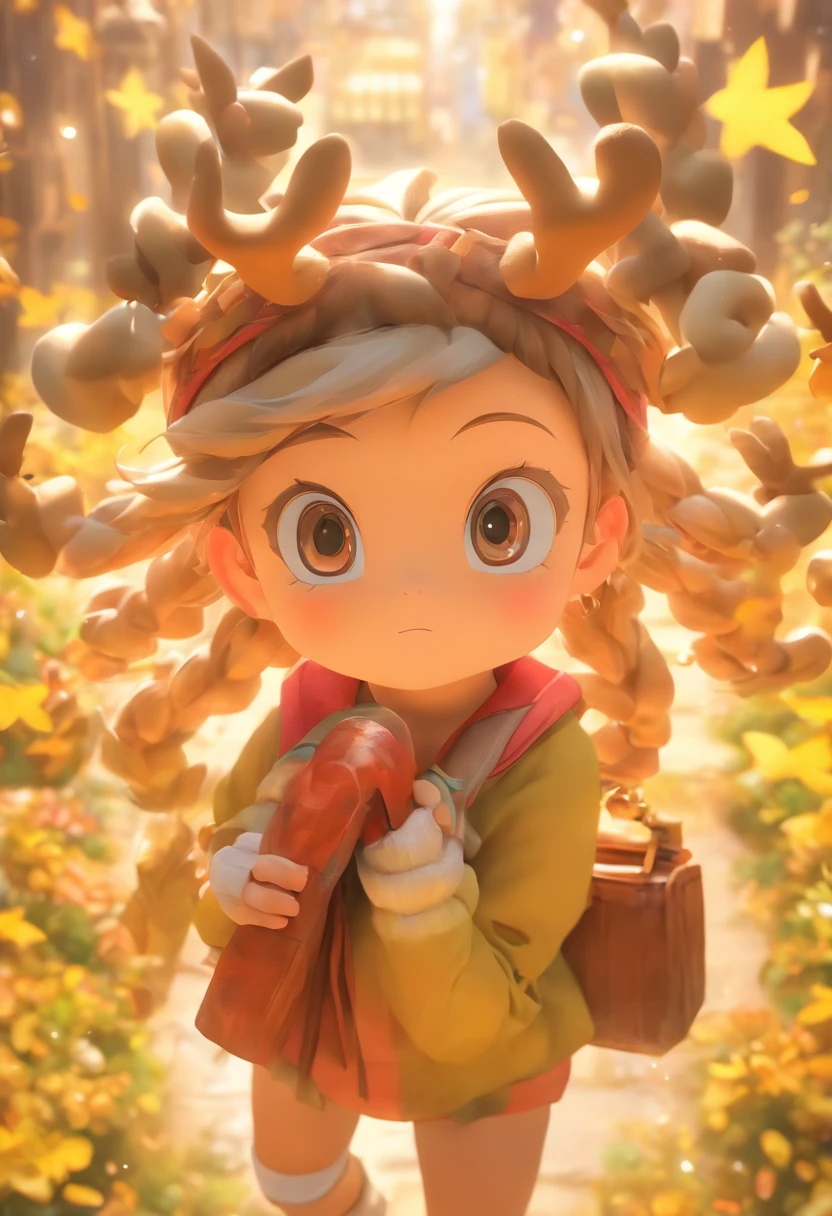 Q version of the cute five-year-old girl，IP image，Wear antlers on the head，The eyes are bright and clear，Carrying a bag in the shape of a tea leaf，Realistic proportions, Post-processing, ((Orthogonal perspective)), Super detail, Realistic, Super realistic, photoreal render,Glossy and delicate,Clean background, 3D rendering of,adolable