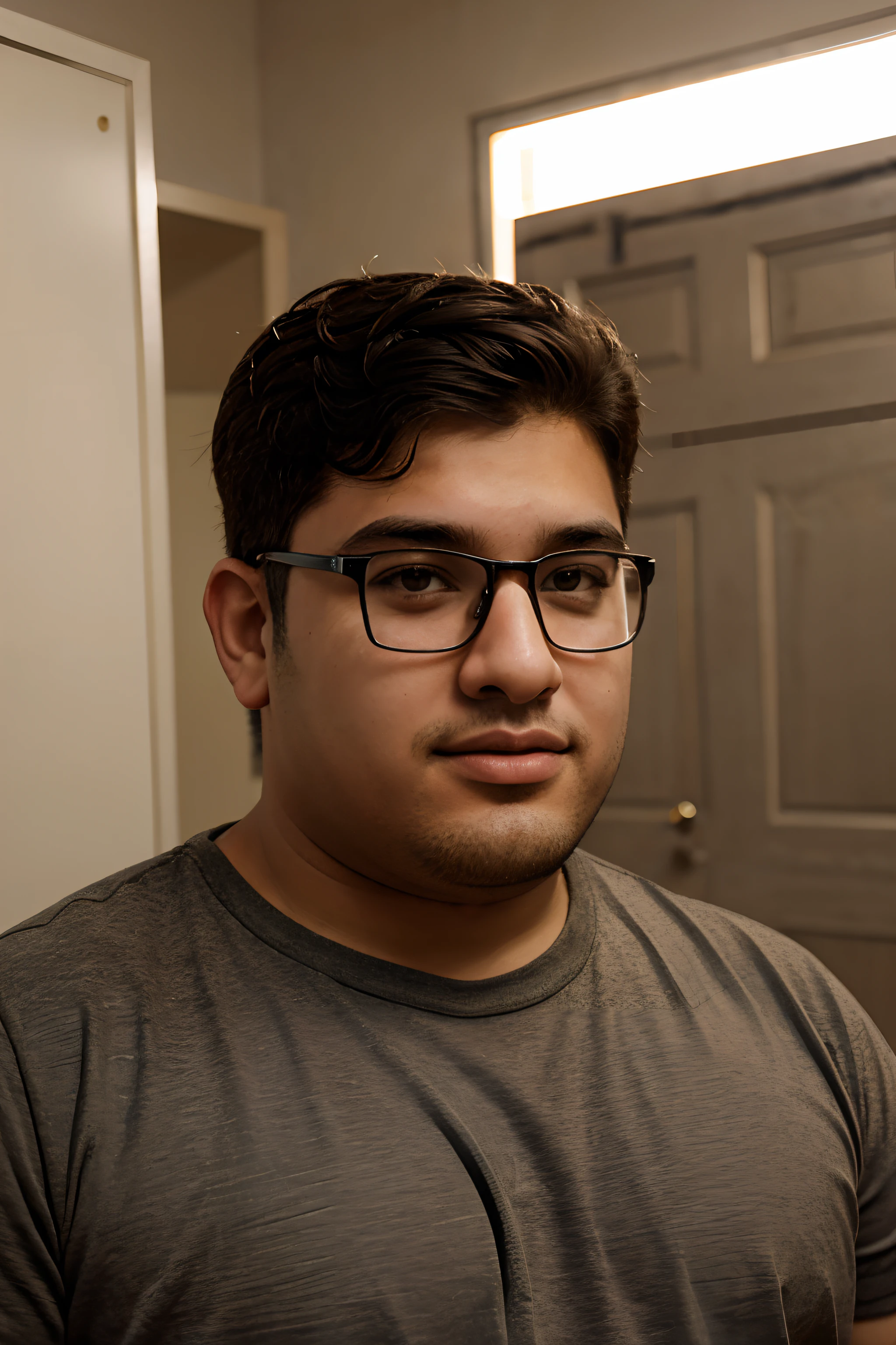 Realistic 15-year-old man, arabic men, geek with glasses, over weight men, fat guy