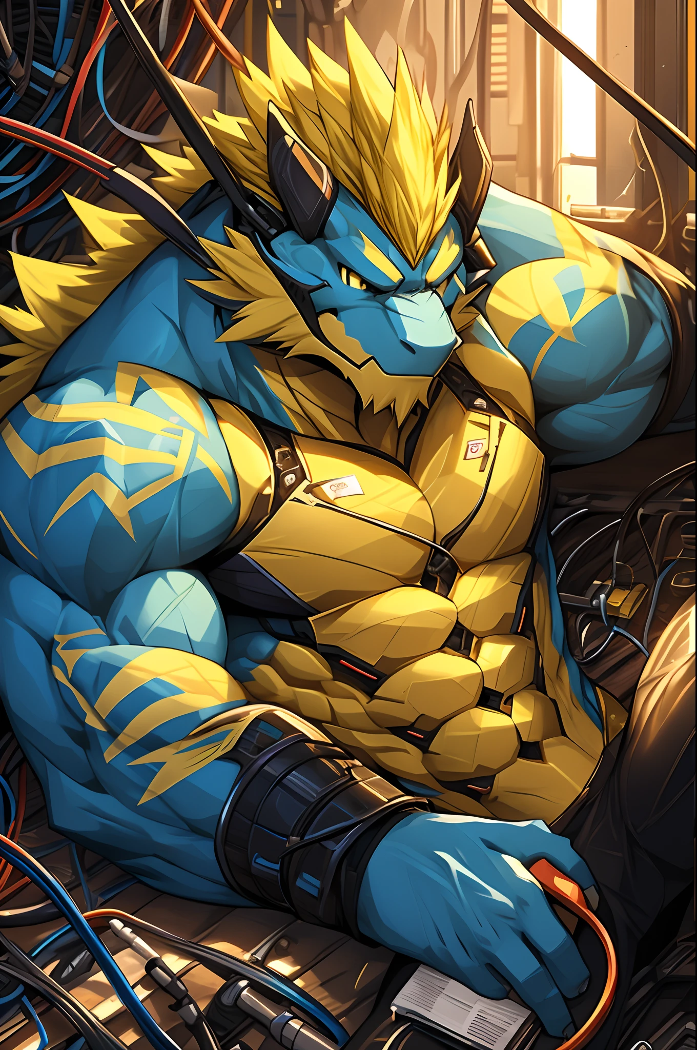Masterpiece, Best Picture Quality, , drak, Solo, Male,, robust, lying down,Background of technical detailing,,Blue and yellow skin,Yellow hair,Tone pectoral muscles,Strong arms,Slight erection,Micromechanization,coda,Tied by wires,stretched arm