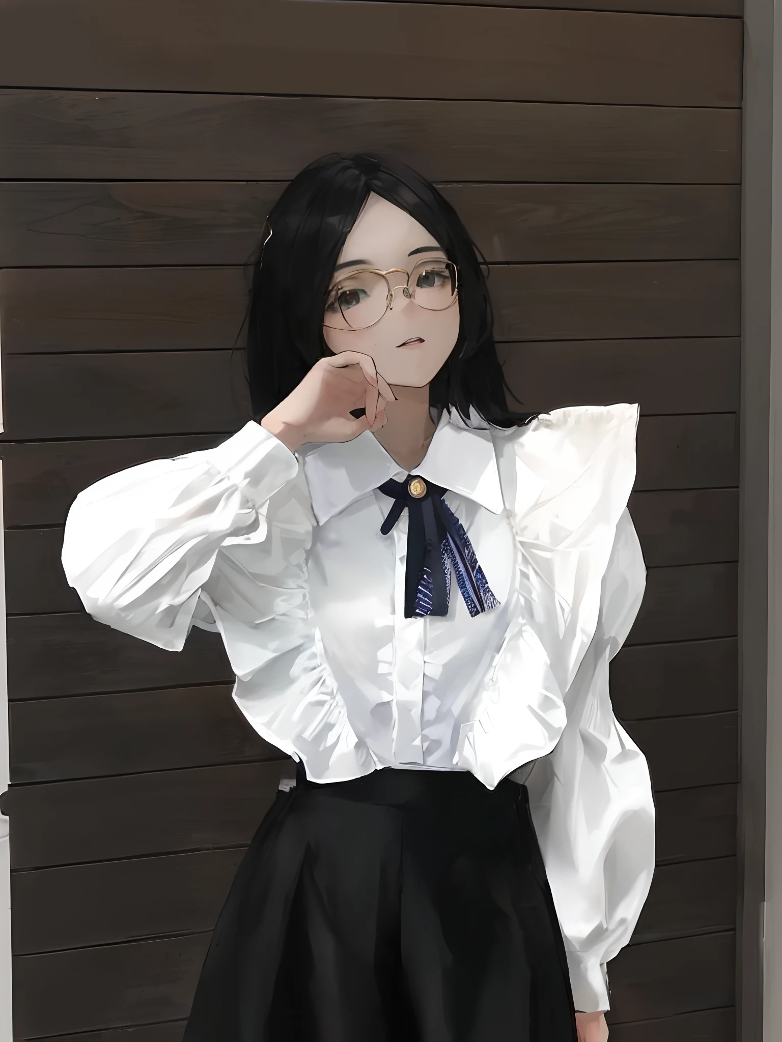 there is a woman that is posing for a picture in a white shirt, wearing a blouse, ulzzang,
(wearing thin large round circle glasses:1.1), frilled blooming collar, wearing lab coat and a blouse, dressed with long fluent clothes, wearing a white blouse, white blouse, wearing in shirt, sakimichan, cai xukun, xintong chen, seifuku, ornate frilly regal shirt