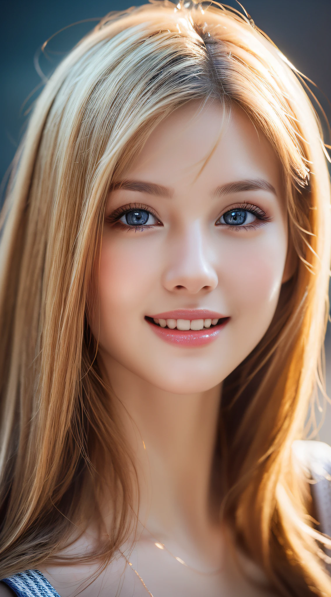 (1girl), Solo, Extremely cute, Amazing face and eyes, (Beautiful lovely smile), Blonde hair, (extremely detailed beautiful face), bright shiny lips, (Best Quality:1.4), (Ultra-detailed), (A hyper-realistic, Photorealsitic:1.37), Beautiful fair skin, extremely detailed CG unified 8k wallpaper, RAW Photos, professional photograpy, Cinematic lighting,