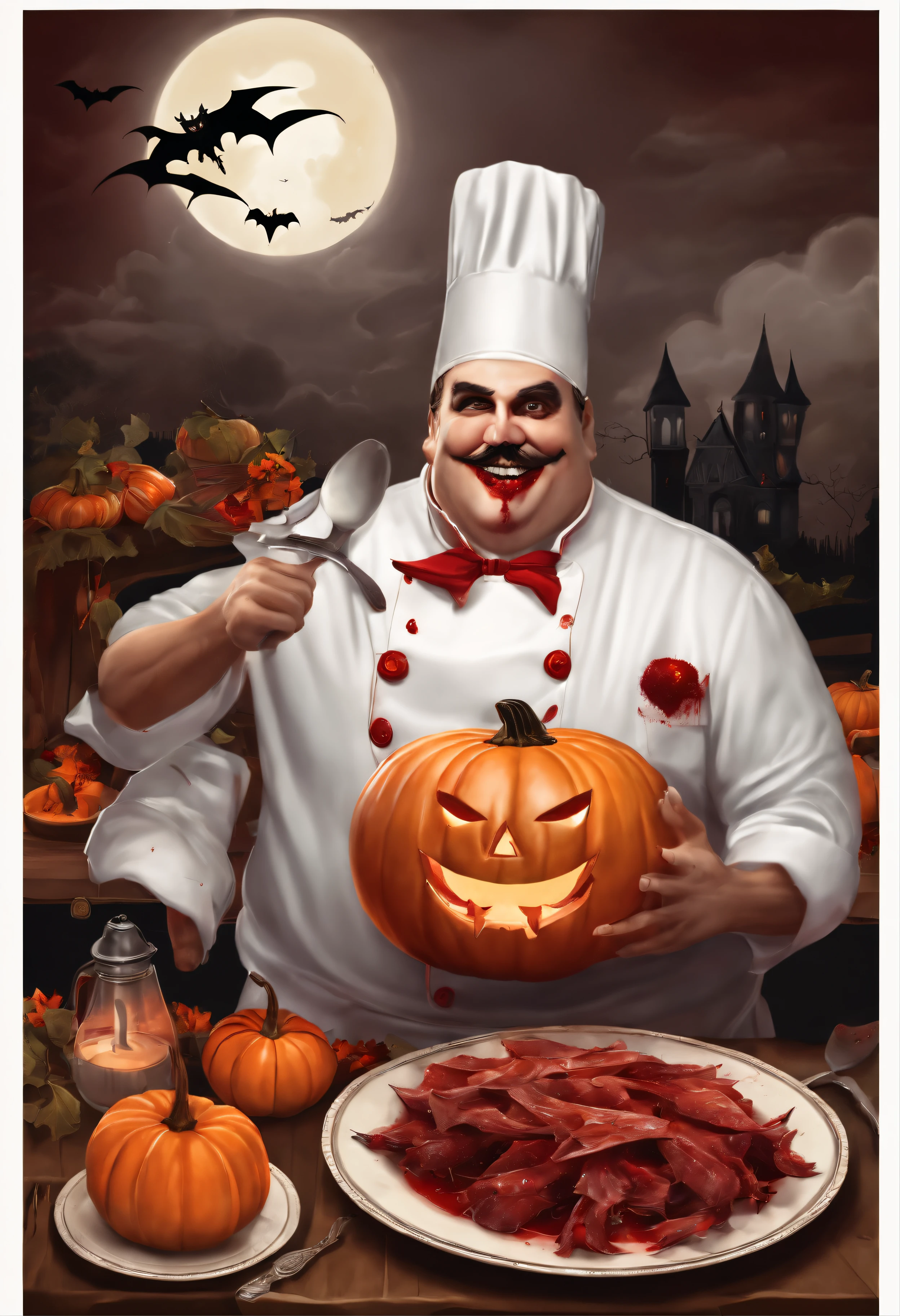 fat vampire chef cooking halloween dinner. The vampire chef has evil red eyes, There are thorns on his face, vampire teeth. A bat flies above him. Pumpkins and blood on the table