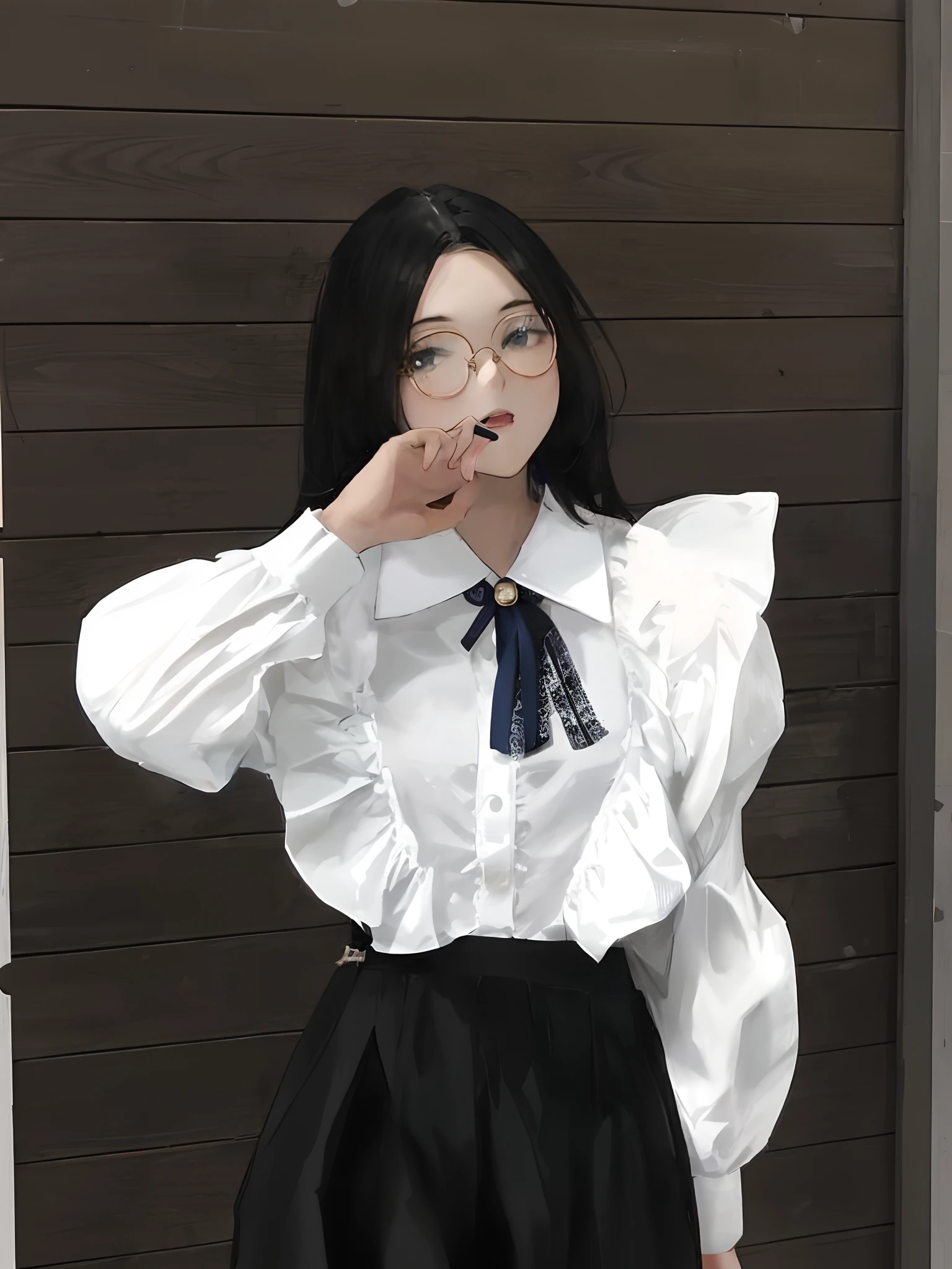 there is a woman that is posing for a picture in a white shirt, wearing a blouse, ulzzang,
(wearing thin large round circle glasses:1.1), frilled blooming collar, wearing lab coat and a blouse, dressed with long fluent clothes, wearing a white blouse, white blouse, wearing in shirt, sakimichan, cai xukun, xintong chen, seifuku, ornate frilly regal shirt