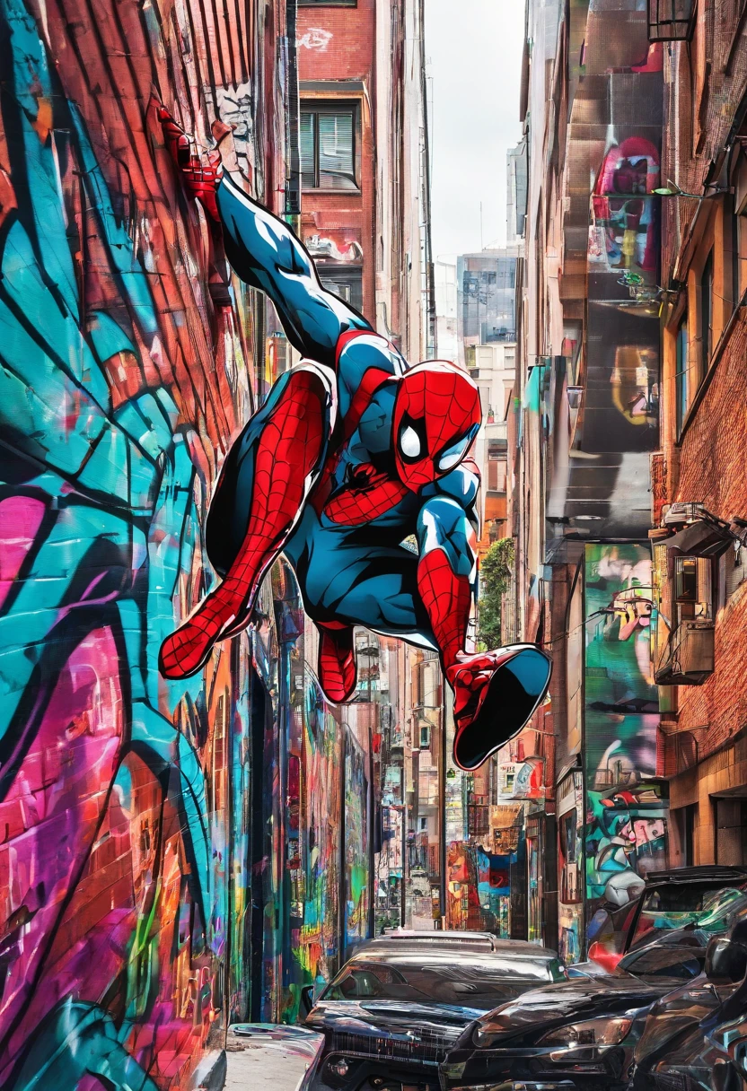 Prompt: Graffiti, spider-man, The whole picture, hight resolution、highly contrast,Deadpool,Cool