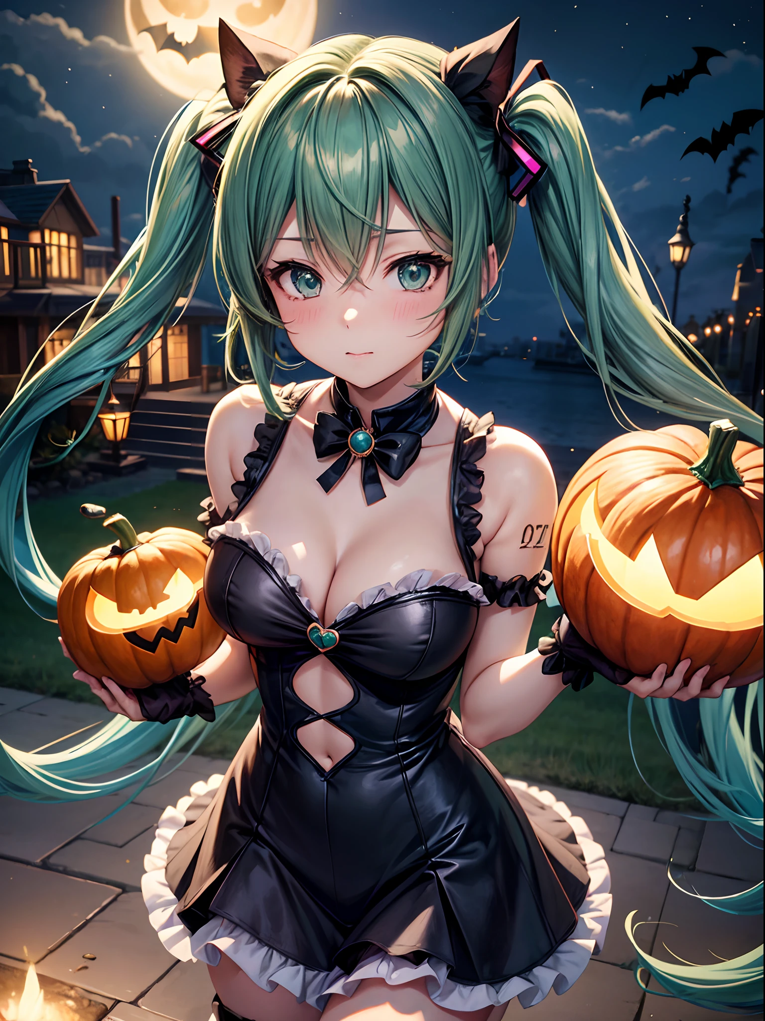 masterpiece
Bob Cat, Floating hair, Brown hair,, Light blush, Anime, Anime style, 4K, Textured skin, Super Detail, Best Quality, prize
Hatsune Miku、Blue-green hair、long twintail、Halloween pumpkin costume、Bats around、Moonlit night view、cleavage of the breast、bad face、Magic Circle in Hands