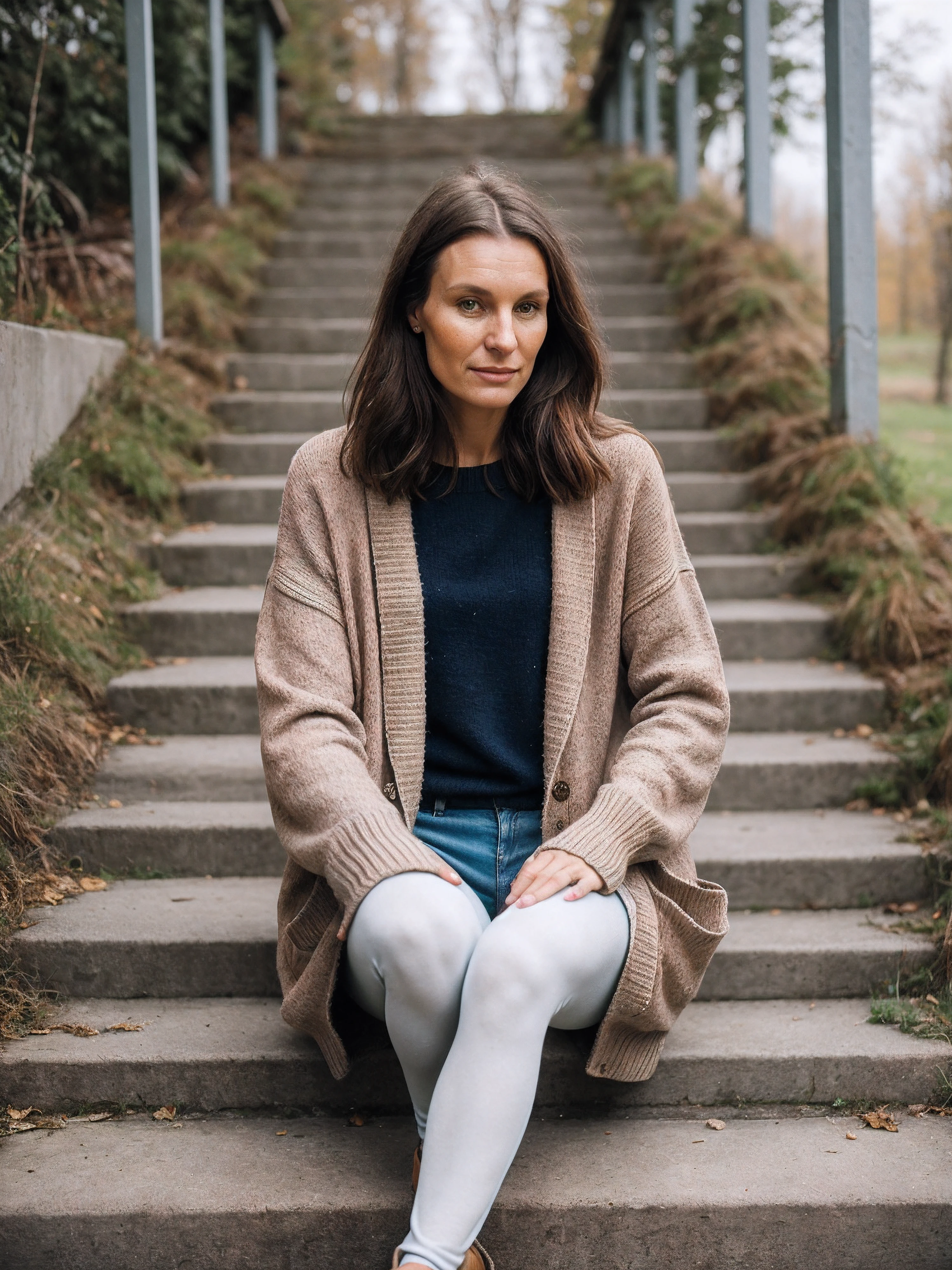 A full color portrait of a very beautiful 37 year old Latvian woman wearing Oversized cardigan, leggings, and slip-on loafers, with subtle dirt marks on the leggings, Worn-down, graffiti-covered staircase, Amateur Photographer, subsurface scattering, film grain, very detailed skin texture, beautiful face, shirtpull