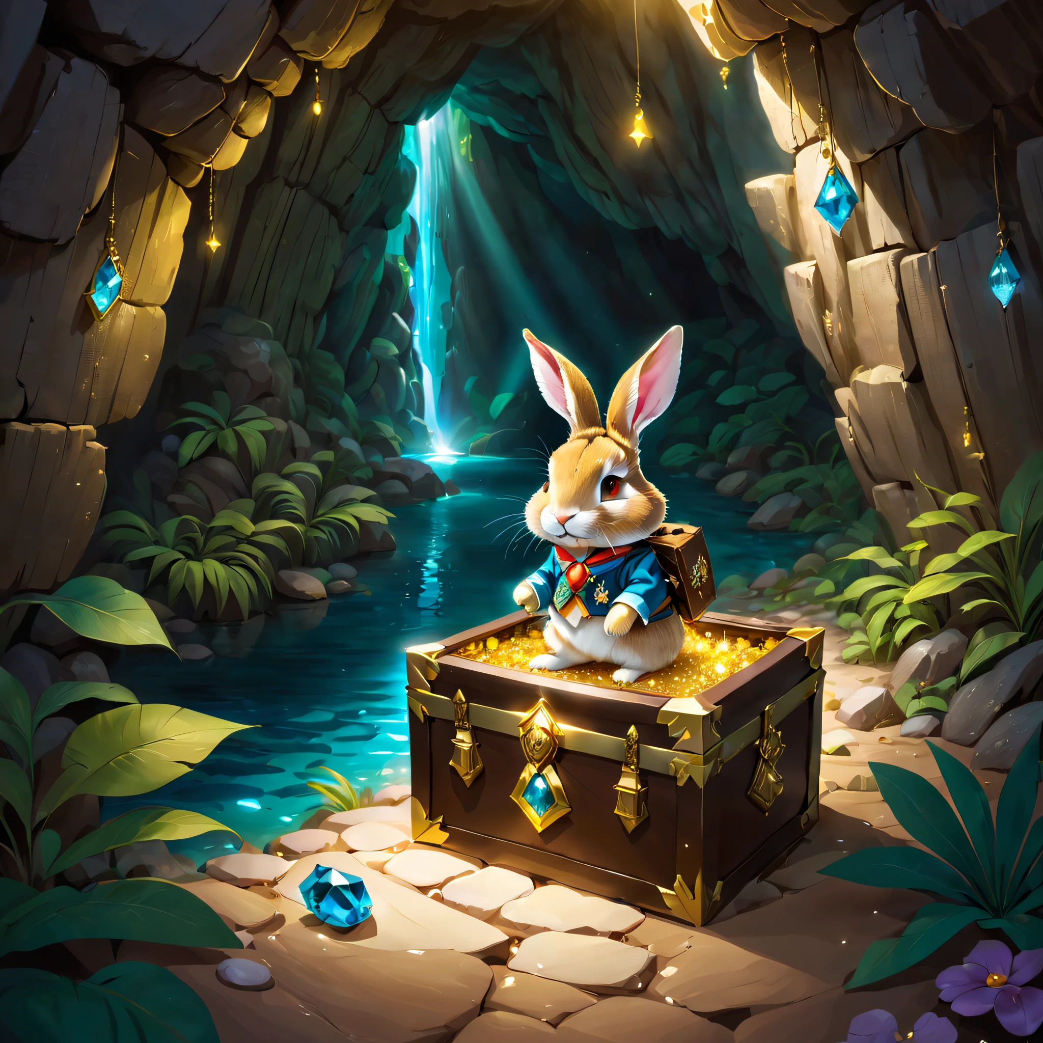 When a cute little rabbit steps into a dark cave,A faint ray of sunlight shone through the gap in the suit,Wear a specially made explorer's outfit. The outfit also has small pockets,Necessary tools and food can be carried, Wears a wide-brimmed straw hat,A bright silk scarf is tied on it,Embroidered with a gold expedition badge,It symbolizes courage and adventurous spirit,The interior of the cave is full of ancient atmosphere,The walls are covered with sparkling crystals,Going deeper into the burrow, the little rabbit discovers a hidden passage,The walls of the passage are inlaid with pearls of strange shapes,radiating a soft,Walk cautiously through the passage,The faint sound of running water was heard,Stunning underground waterfalls。 Waterfalls rush down from the towering rock faces,A pool of crystal clear water is formed。The pool shimmered blue,There seems to be an endless treasure hidden,Explore the island made up of pearls and gemstones in the water, There is an elaborate treasure chest on the island,Set with sparkling diamonds。The little rabbit carefully opens the treasure chest,Found filled with glittering gems and gold coins。 (Cinematic lighting, first person perspective, angle of view, in a panoramic view, Ultra-wide angle, hyper HD, Anatomically correct, Masterpiece, ccurate, Award-Awarded, Best quality),Dressed animals page