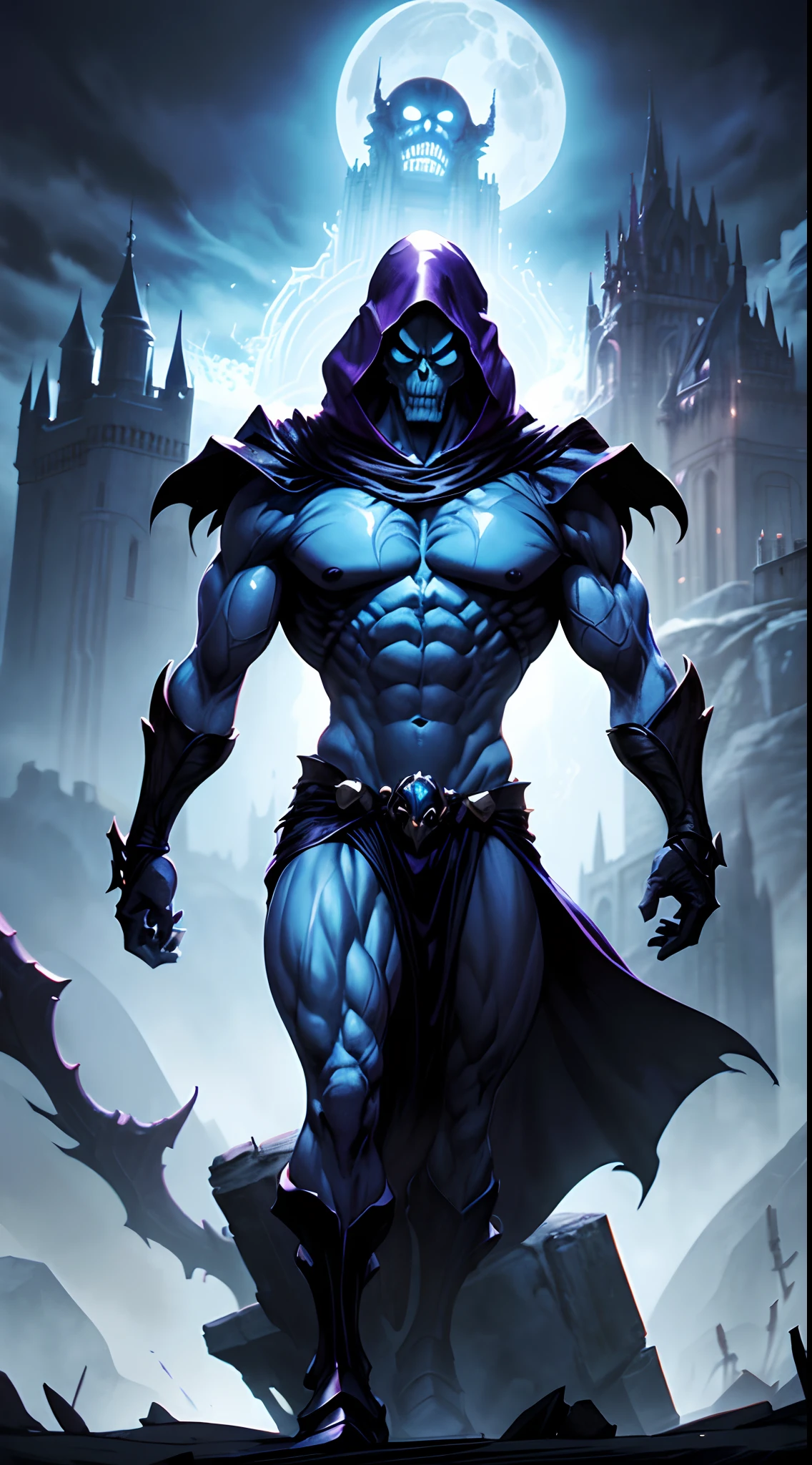 Skeletor characters from Masters of the Universe is a muscular blue-skinned man with a skull face and purple leather hood., purple leather chest armor, muscular man raising his arms showing his powerful biceps, male bodybuilder, fitness model, magazine cover, flex magazine 2000s, musclemag 2000s, chiseled abs, bulging muscles, small waist, has demonic glowing eyes, dramatic lighting, studio shot, fotorrealist, Very detailed, cinematographic, dramatic pose, shiny skin, (Best Quality, 4k, 8k, High resolution, masterpiece: 1.2), Ultra detailed, (realist, fotorrealist, fotorrealist: 1.37), HdR, UHD, studio lighting, Ultrafine paint, sharp focus, physics-based representation, extreme details description, professional, vivid colors, bokeh. Bright blue skin body, Skeletor Masters of the Universe bracelets and belt. dominant male. evil villain. In the background is a demonic dungeon lit with torches, two servants of Skeletor are seen in the distance.