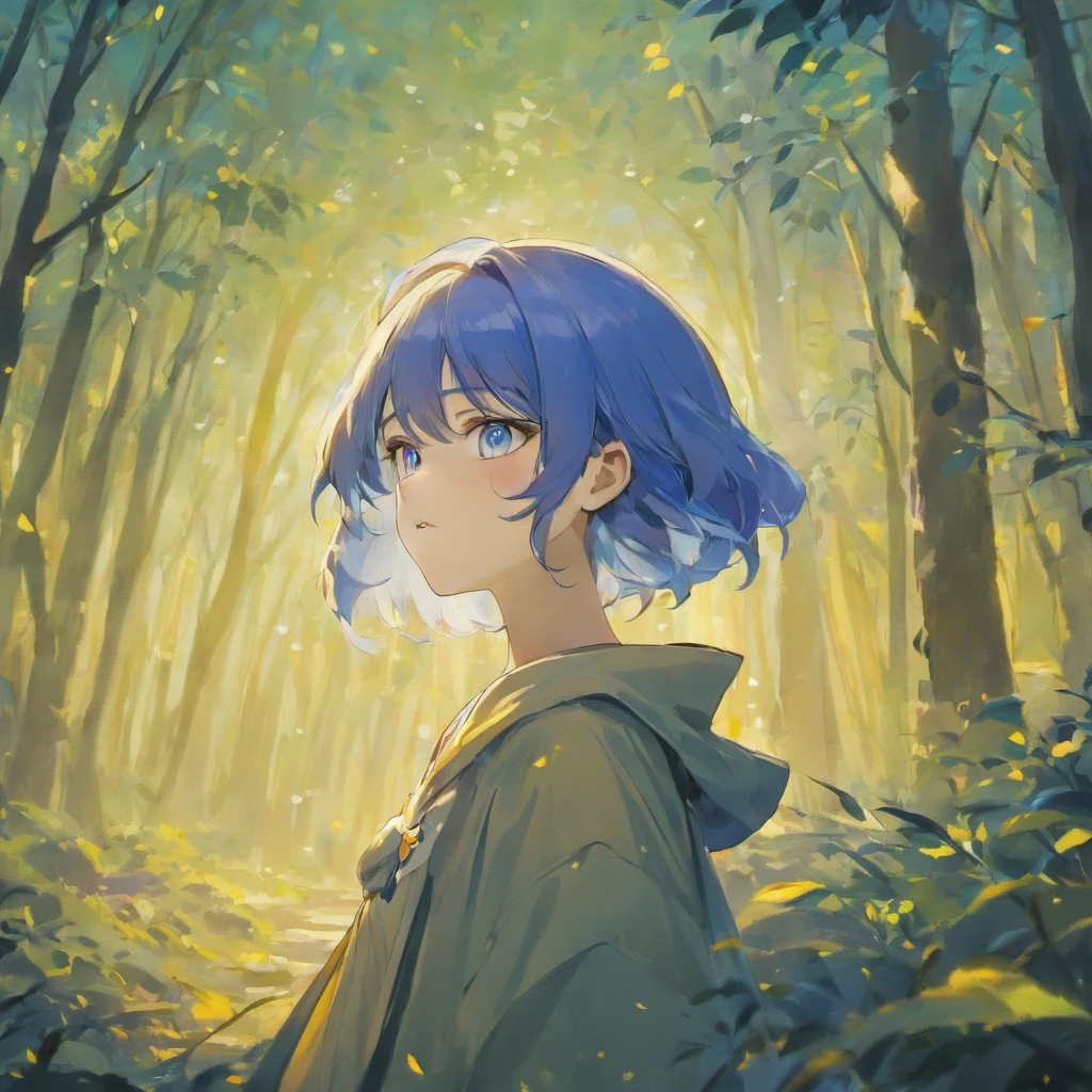 Boy 14 years old, blue color eyes, whaite hair, focus onface, snow white forest, anime big breast