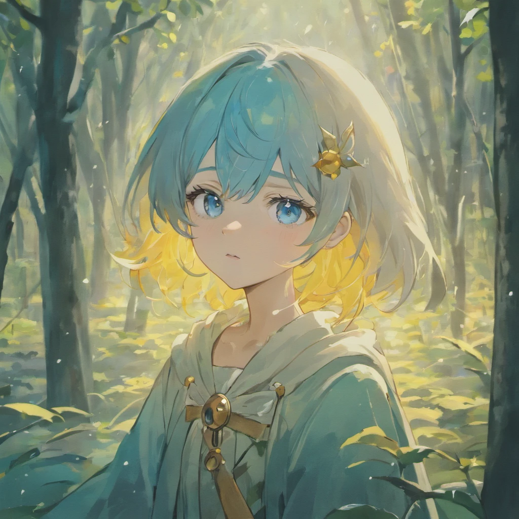 Boy 14 years old, blue color eyes, whaite hair, focus onface, snow white forest, anime big breast