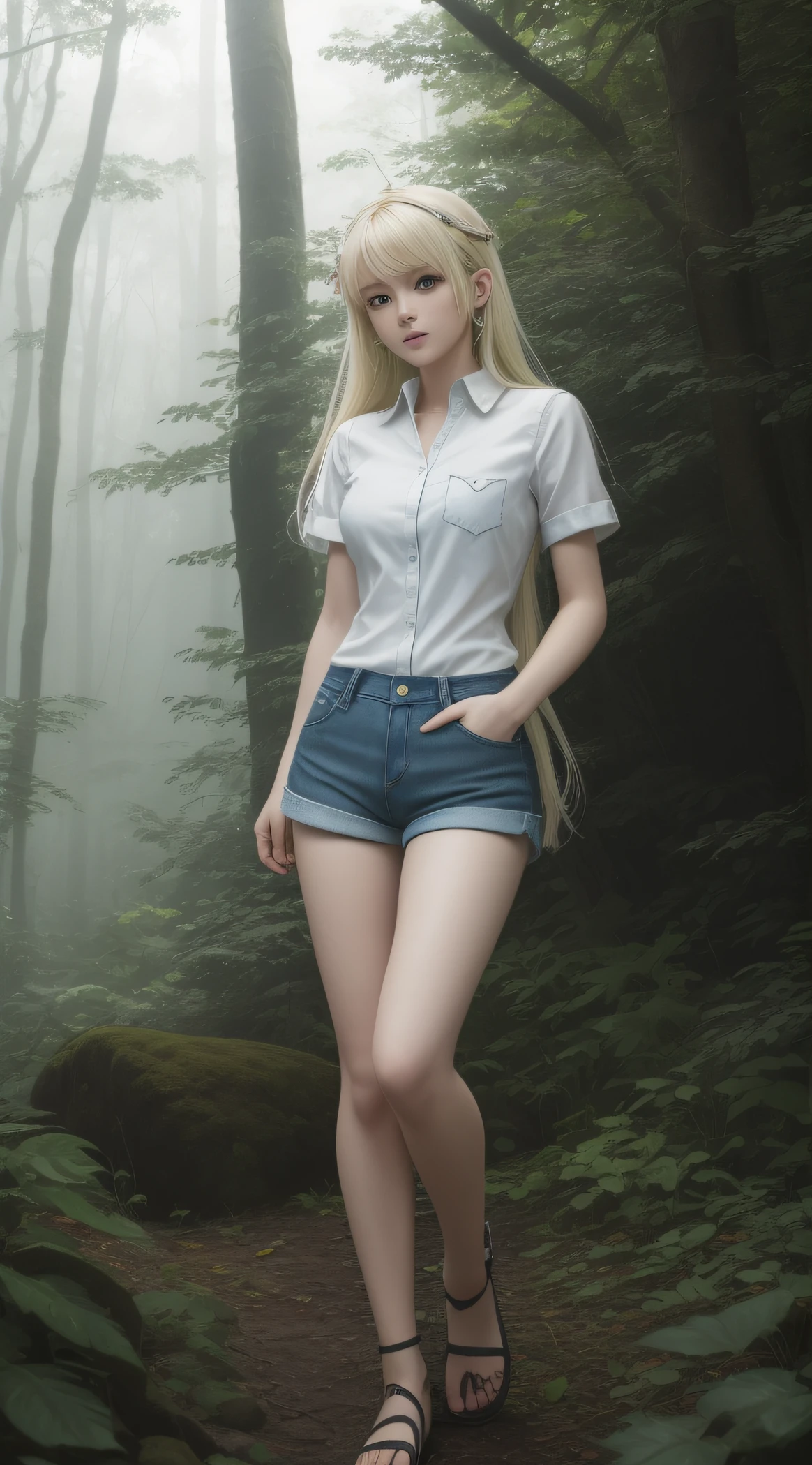 Anime girl in a white dress with a knife in the forest, anime goddess, loli in dress, blonde anime girl with long hair, Cute anime waifu in a nice dress, Seductive Anime Girl, Nico in white dress, Anime Best Girl, Beautiful anime girl, white haired god, a sexy maid in a magical forest, blonde - haired princess, (Flat color:0.9),(splendid:1.1),(​masterpiece:1,2), top-quality, ​masterpiece, hight resolution, Source, highly detailed wallpaper, View Viewers,,(Solo:1.2), intriciate detail, 1 Navel, cocky expression, Sagging midchest, (Green eyes:1.3), (Green short hair:1.5), (dress shirts, Denim shorts, Sandals, Denim shorts:1.5), dress shirts, (Dynamic Pose, Dynamic Angle:1.2), skiny, (Against the backdrop of a misty forest:1.2) --auto