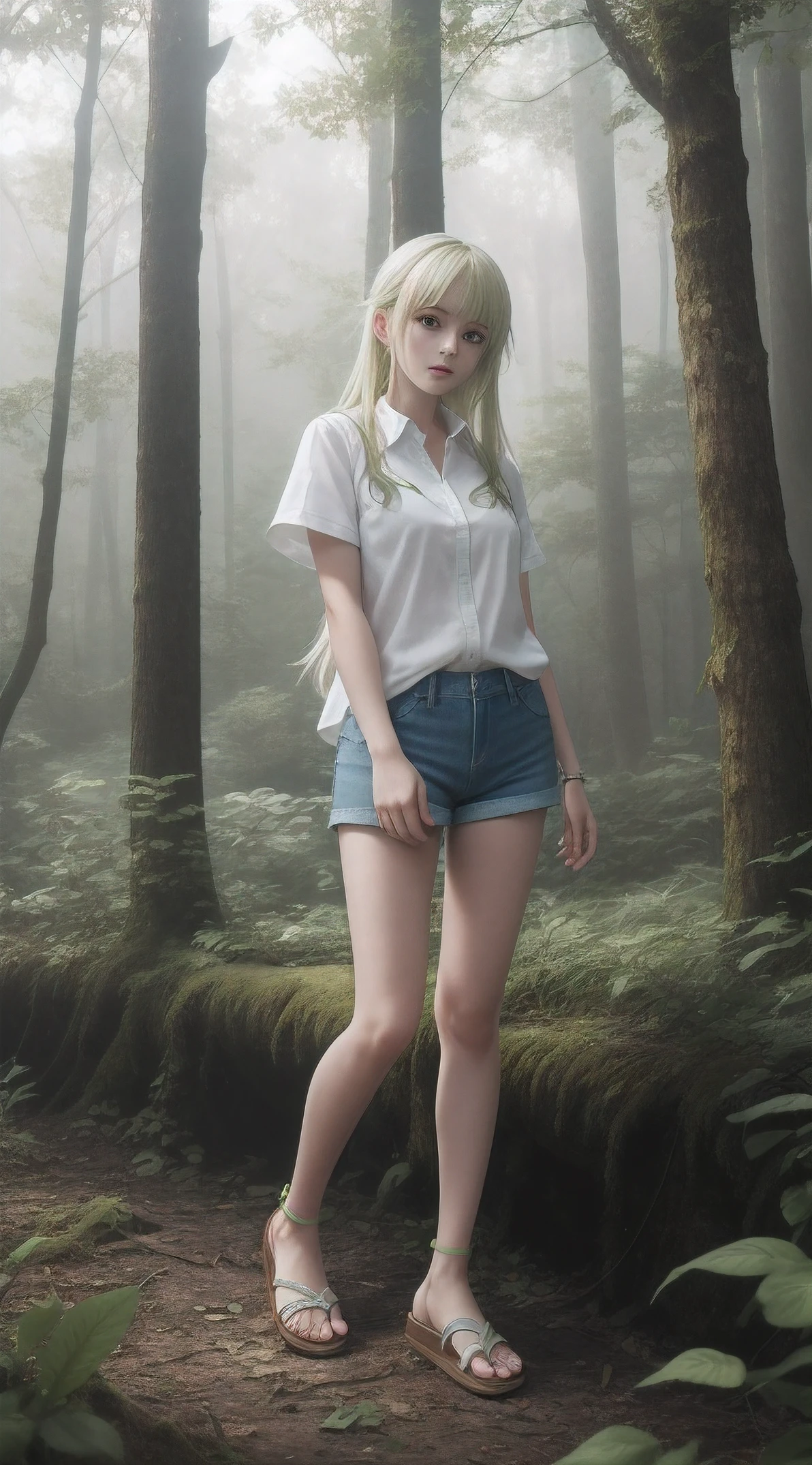 Anime girl in a white dress with a knife in the forest, anime goddess, in dress, blonde anime girl with long hair, Cute anime waifu in a nice dress, Seductive Anime Girl, Nico in white dress, Anime Best Girl, Beautiful anime girl, white haired god, a sexy maid in a magical forest, blonde - haired princess, (Flat color:0.9),(splendid:1.1),(masterpiece:1,2), top-quality, masterpiece, hight resolution, Source, highly detailed wallpaper, View Viewers,,(Solo:1.2), intriciate detail, 1 Navel, cocky expression, Sagging midchest, (Green eyes:1.3), (Green short hair:1.5), (dress shirts, Denim shorts, Sandals, Denim shorts:1.5), dress shirts, (Dynamic Pose, Dynamic Angle:1.2), skiny, (Against the backdrop of a misty forest:1.2) --auto