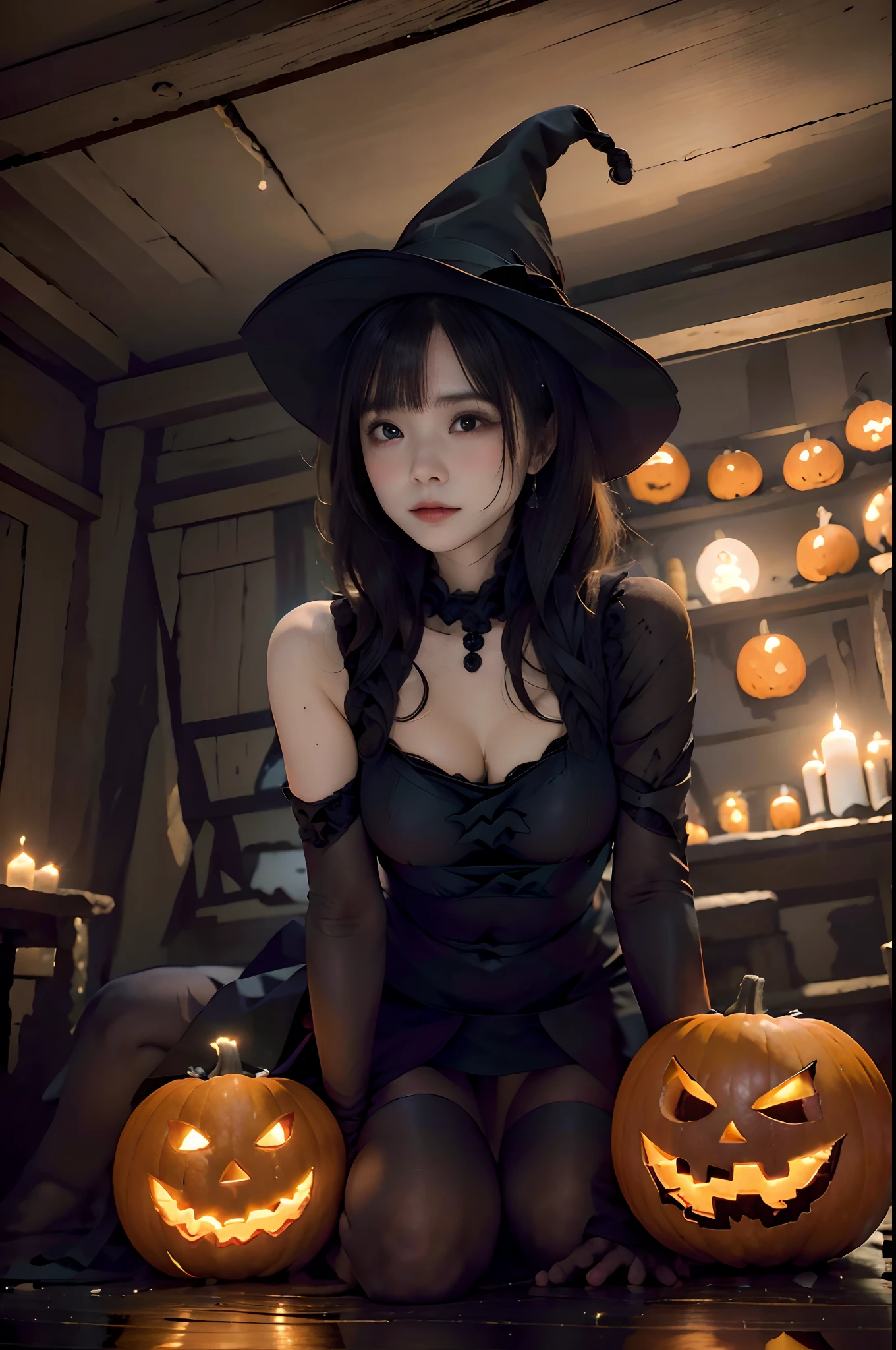 (Best Quality, masutepiece),( dark sky, Heavy rain, Inside the ruined temple, Low-water stagnant water, ), Realistic background, 2112, light*_Black_Particle,top-quality,masutepiece,独奏,Halloween Cosplay,witch's hat,large brim cap,１４Cute Girl of the Year,((Jack-o'-lantern,Orange pumpkin:1.3､Peeler Candle,Ball Candle))),the bats,Flying bats,longshot, (low angles), (top down), Realistic scale,Significant shrinkage:1.5、photos realistic、Super Detail, Realistic, Super realistic, lifelike rendering, (((darkened room:1.3))),Professional Photographer