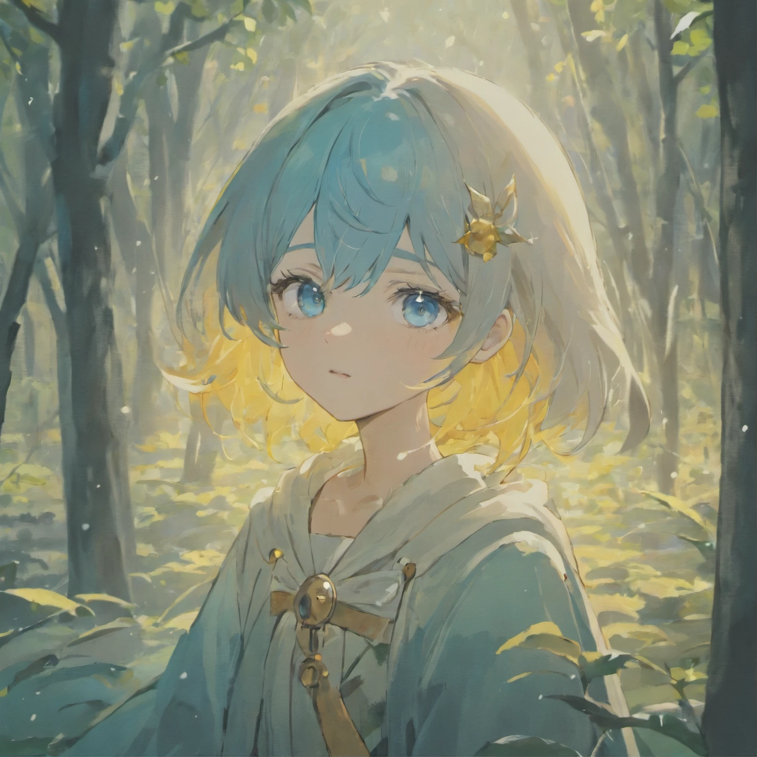 Boy 14 years old, blue color eyes, whaite hair, focus onface, snow white forest, anime big breast
