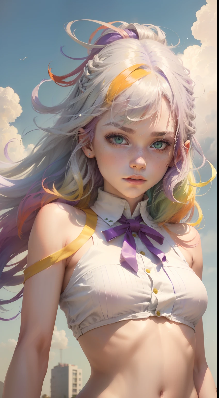 1.5),(1 girl),(Dynamic Pose),(multicolored hair+Silver hair:1.3+Red hair:1.2+Purple hair+Yellow hair:1.3+Green hair:1.3),(Blue eyes),(Neck ribbon),(floating),(cloud),(Too many drops of water),(Twilight),(watercolor paiting),(Wide Shot)