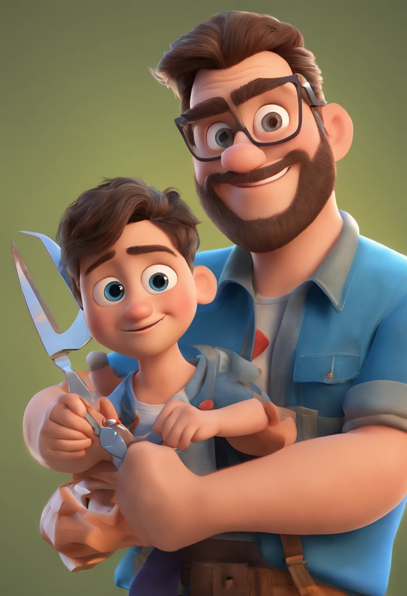 Pixar style: the adult man is holding a naked boy with blue eyes and in the other hand he is holding scissors and is trying to cut off the boy's testicles,3d poster,disney