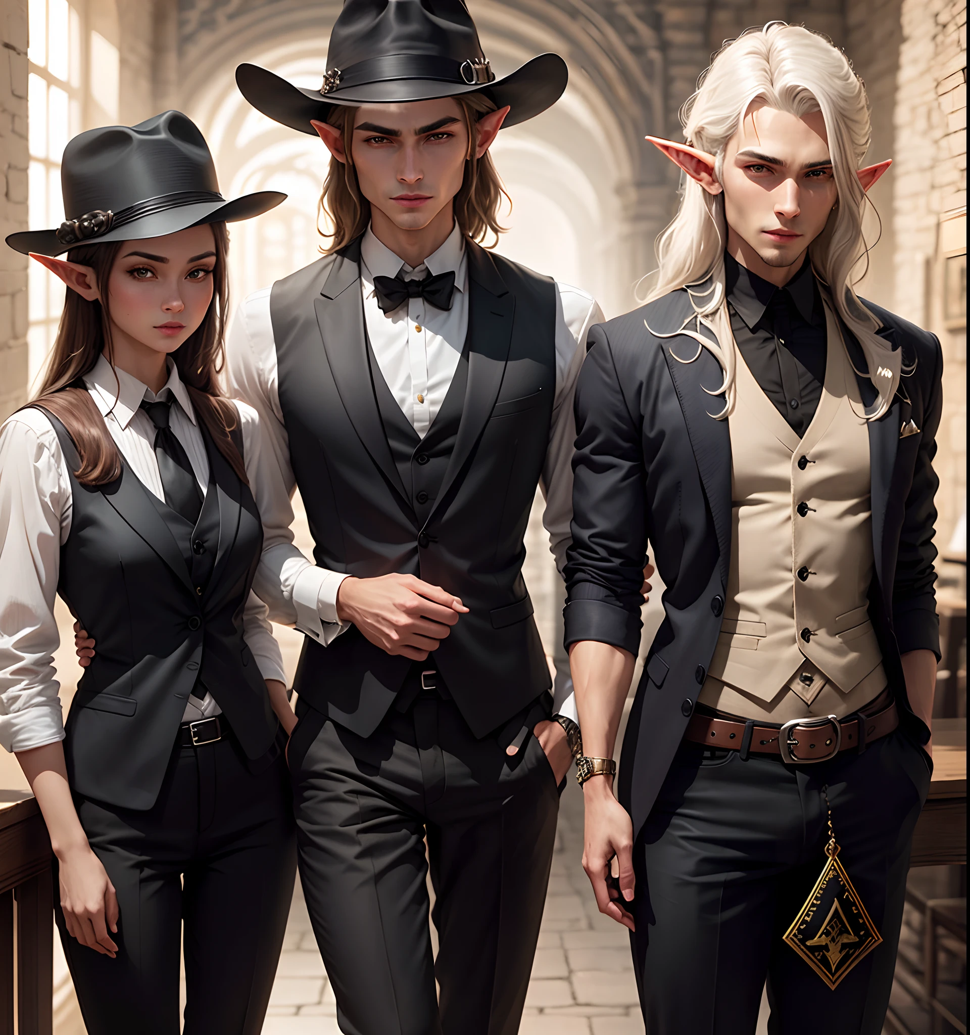 Dnd half-elf, white dress shirt, black vest, black pants, fedora with ace of spades