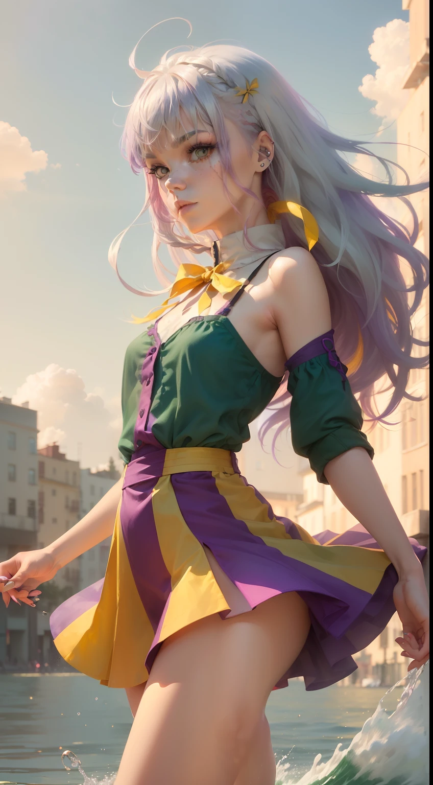1.5),(1 girl),(Dynamic Pose),(multicolored hair+Silver hair:1.3+Red hair:1.2+Purple hair+Yellow hair:1.3+Green hair:1.3),(Blue eyes),(Neck ribbon),(floating),(cloud),(Too many drops of water),(Twilight),(watercolor paiting),(Wide Shot)