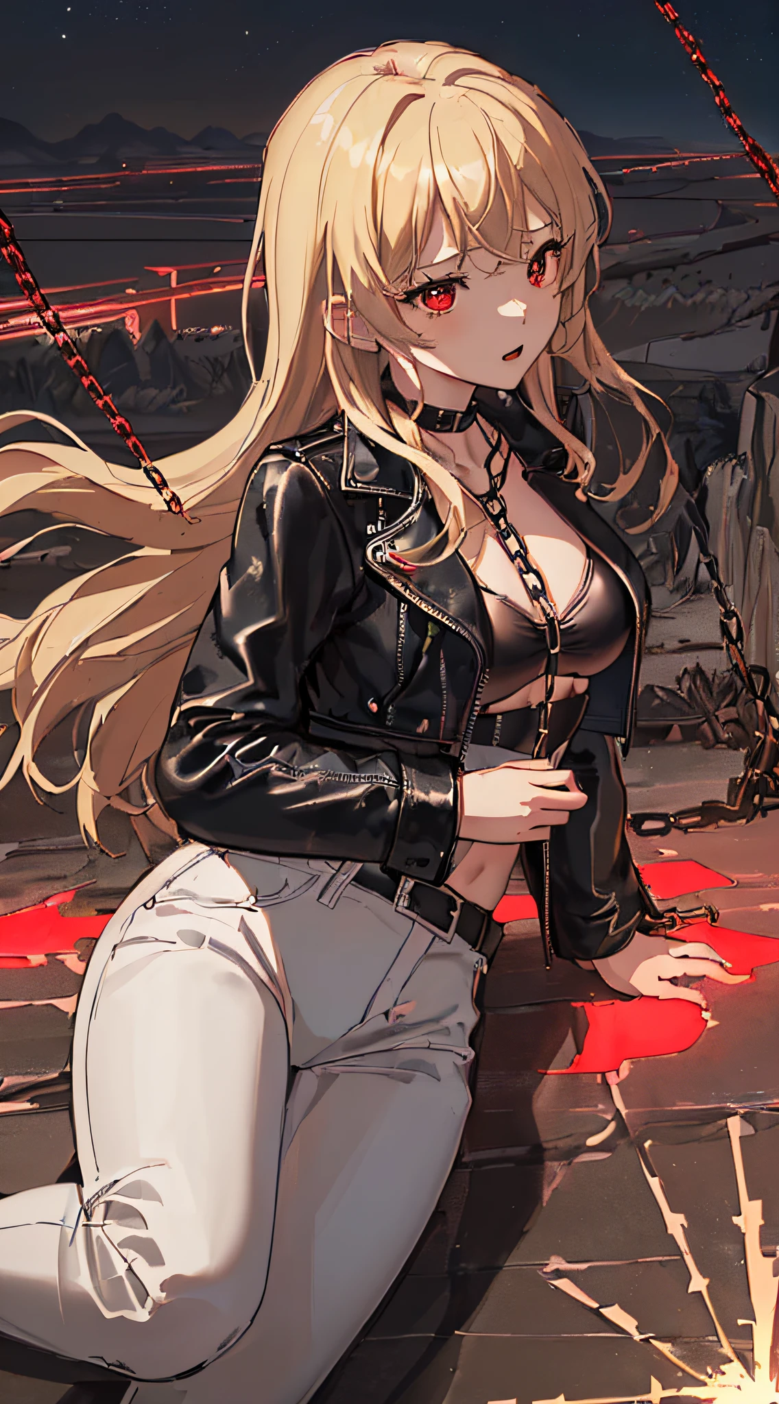 top-quality、Top image quality、masterpiece、girl with((cute little、18year old、Best Bust、Medium bust、Bust 85,Red eyes to issue、Breasts wide open,Valley、Blonde long hair、A slender、Black leather bra、Black leather jacket、White trousers、astonished face、Follow your audience)hiquality、Beautiful Art、Background with((nightcity、The ground glows red、Divided land、Chain from the ground)),masutepiece、Elaborate design、visualart、depth of fields、The best lighting、highestdetailed、