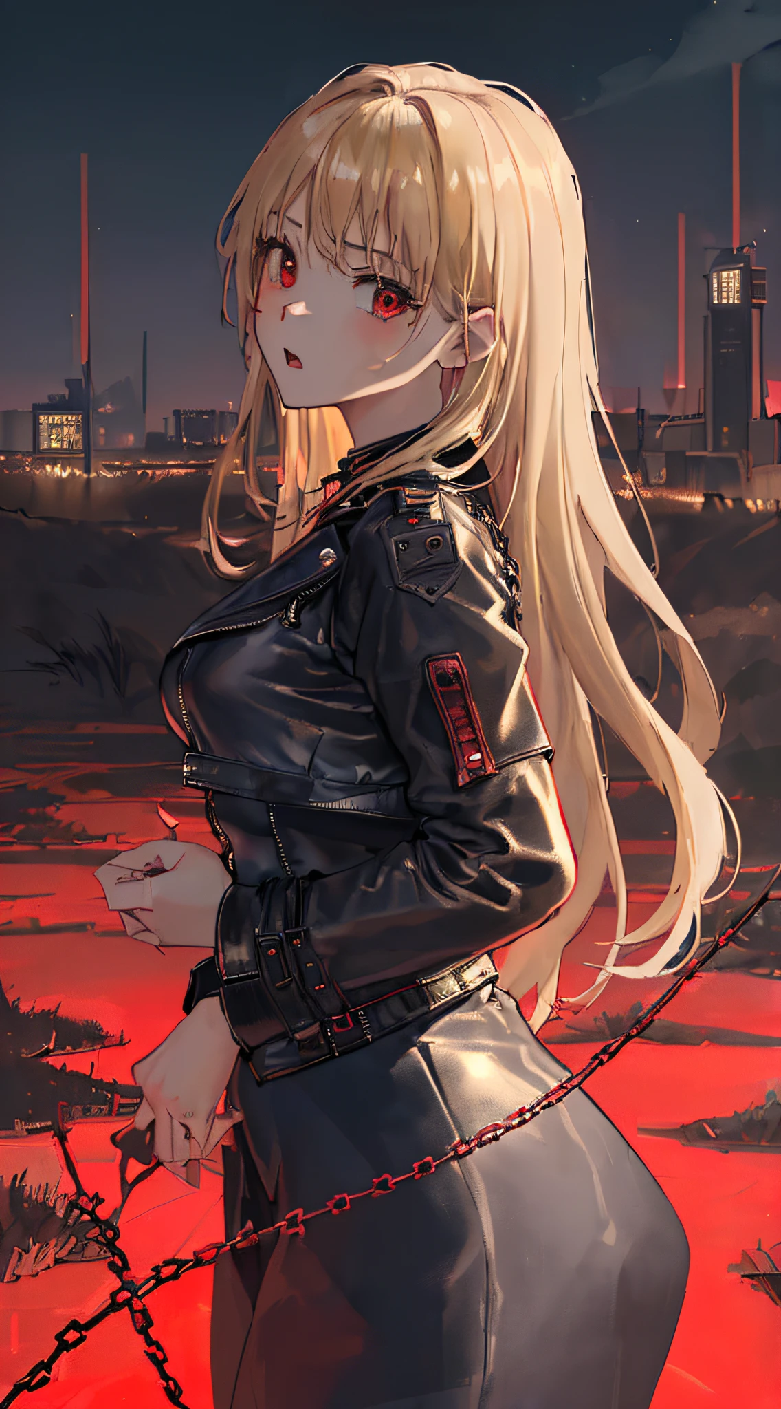 top-quality、Top image quality、masterpiece、girl with((cute little、18year old、Best Bust、Medium bust、Bust 85,Red eyes to issue、Breasts wide open,Valley、Blonde long hair、A slender、Black leather bra、Black leather jacket、White trousers、astonished face、Follow your audience)hiquality、Beautiful Art、Background with((nightcity、The ground glows red、Divided land、Chain from the ground)),masutepiece、Elaborate design、visualart、depth of fields、The best lighting、highestdetailed、